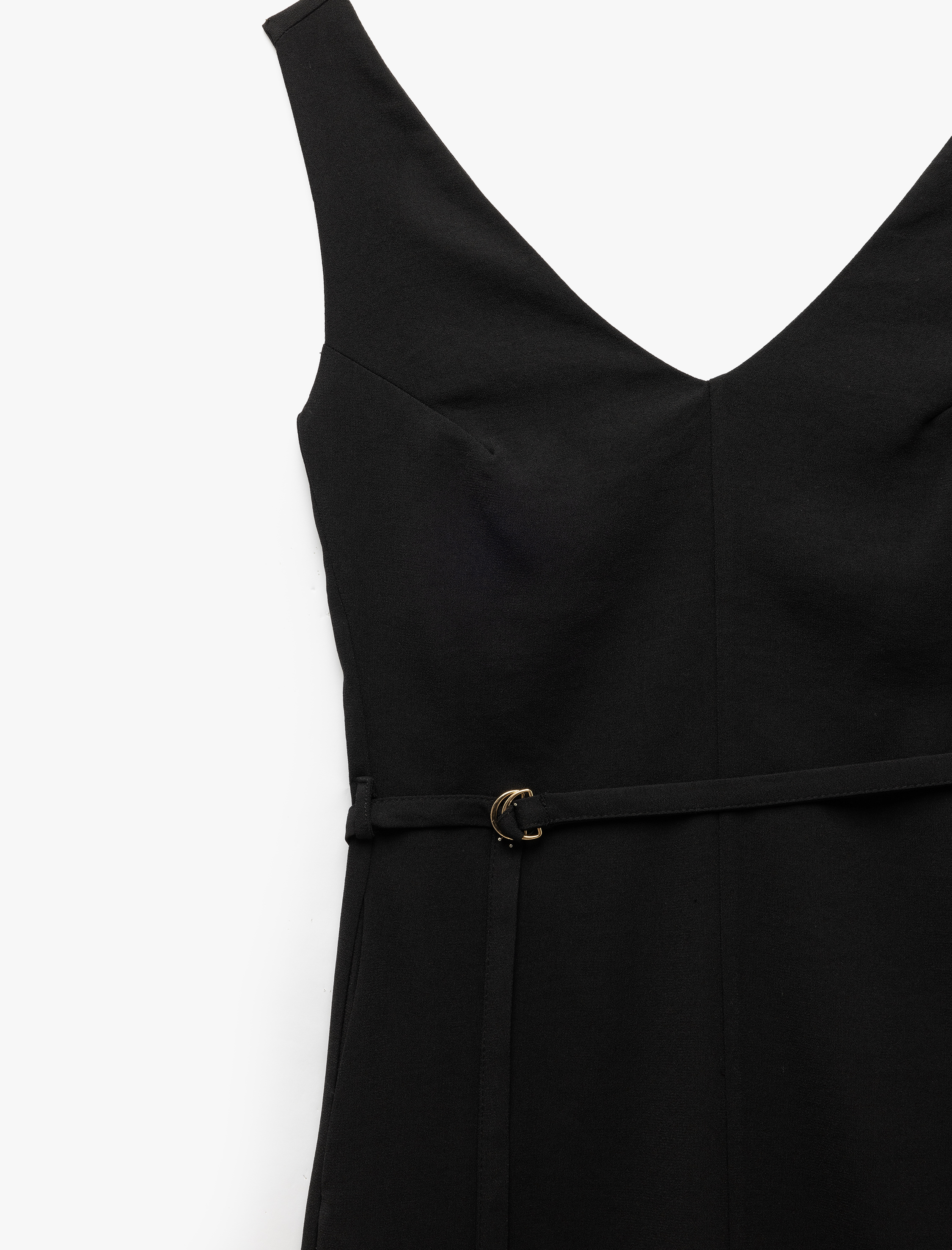 Krep Kumaş Kolsuz Cepli Kemerli Slim Fit A Kesim Midi Boy V Yaka Elbise