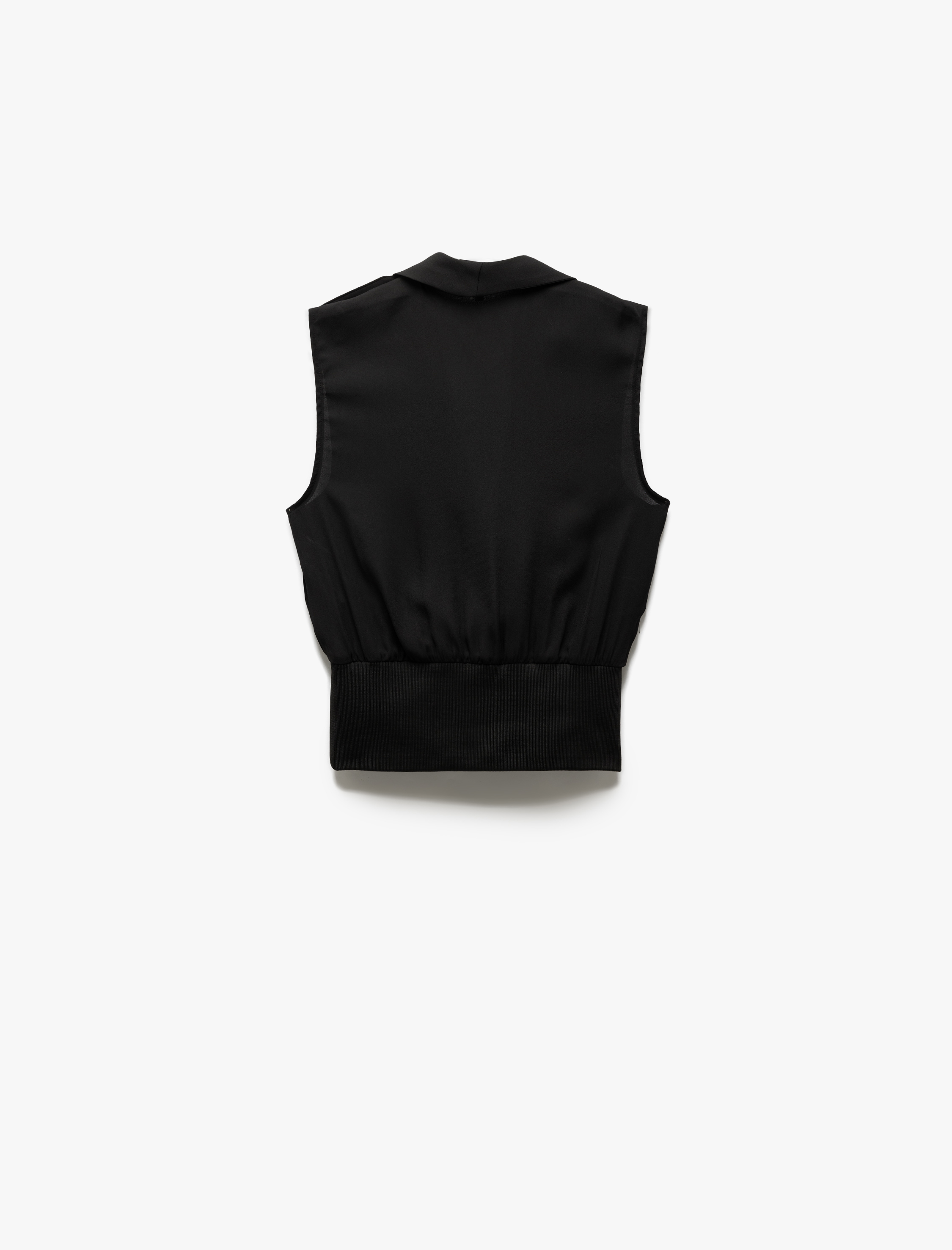   Beli Ribanalı Kumaş Detaylı Ceket Yaka Düğmeli Kolsuz Krep Bluz