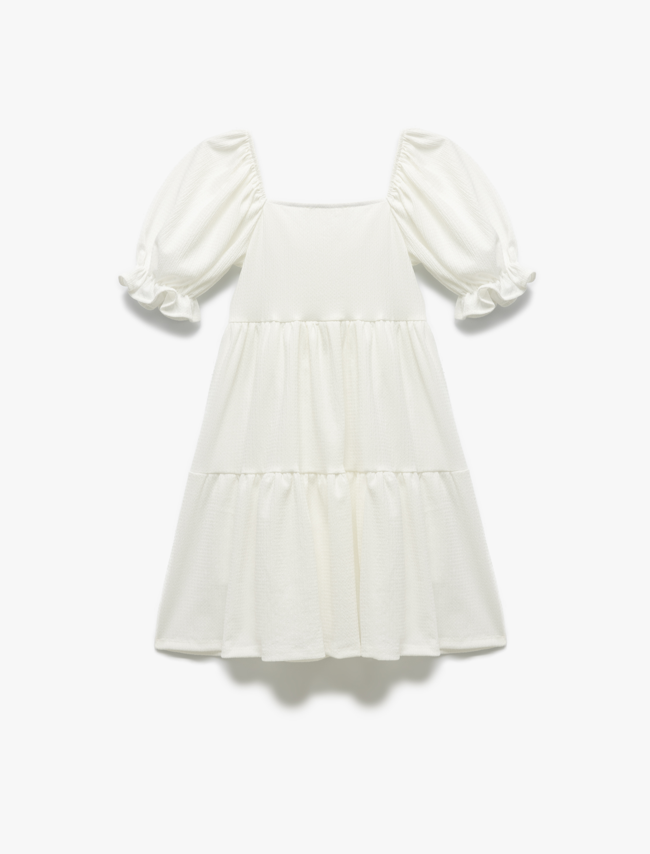  Kız Çocuk Kısa Kollu Kare Yaka Balon Kollu Midi Elbise