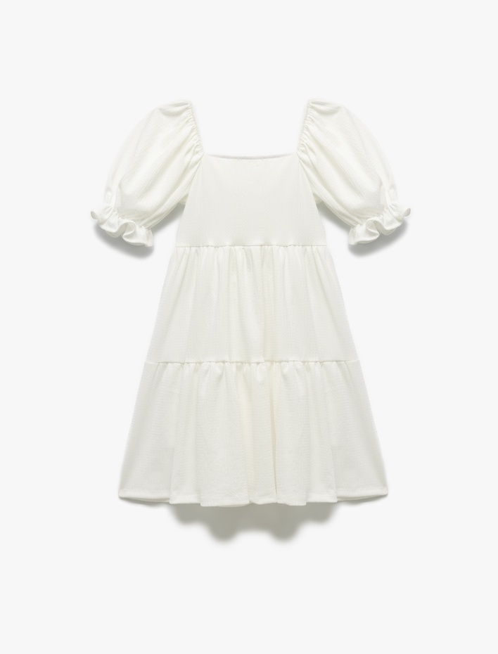 Kız Çocuk Kısa Kollu Kare Yaka Balon Kollu Midi Elbise