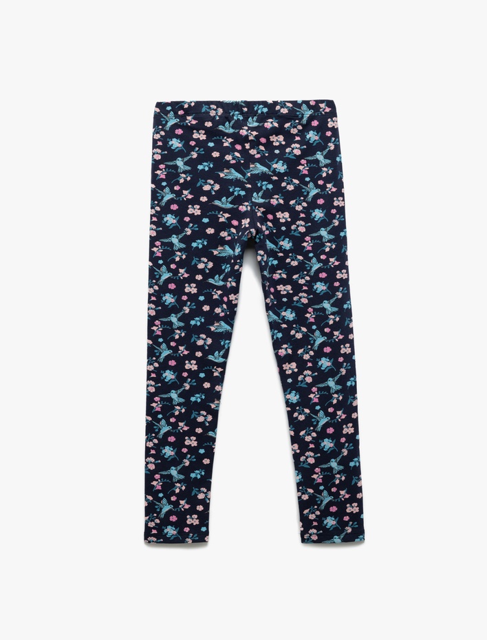 Kız Çocuk Beli Lastikli Çiçek Baskı Detaylı Pamuklu Tayt