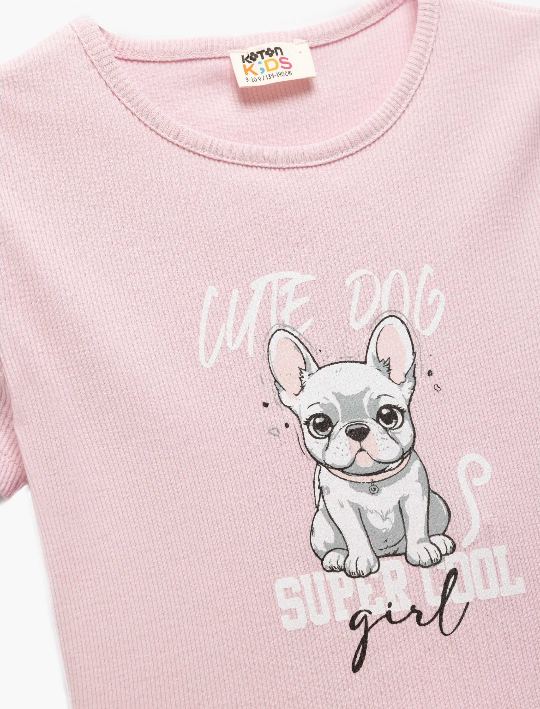  Kız Çocuk Köpek Baskılı Pamuklu Bisiklet Yaka Kısa Kollu Tişört
