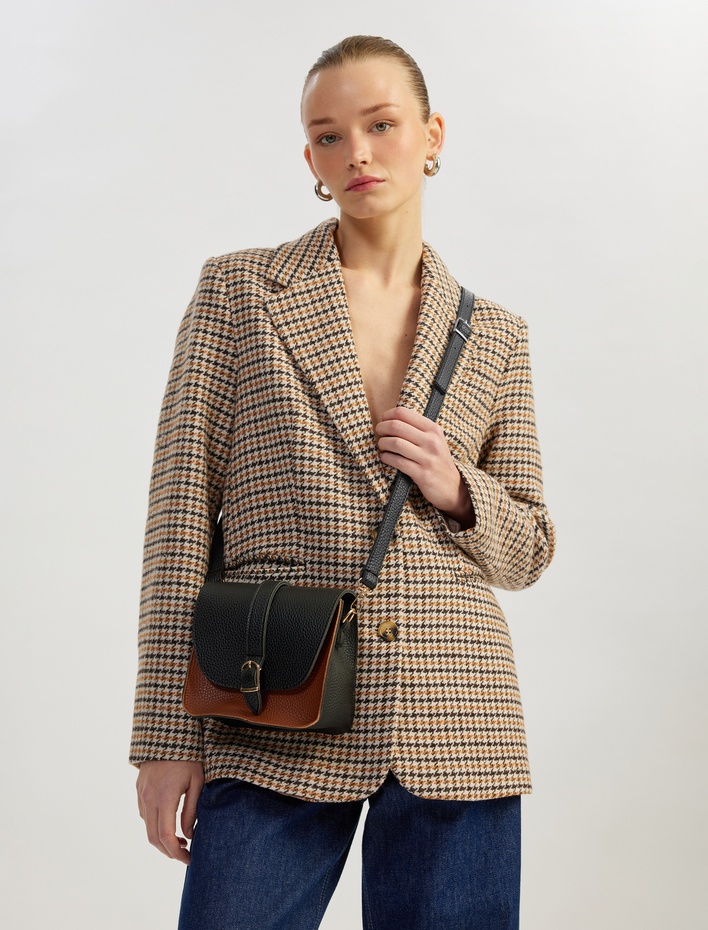 Kadın Suni Deri Çapraz Çanta Renk Bloklu Askılı Kapaklı