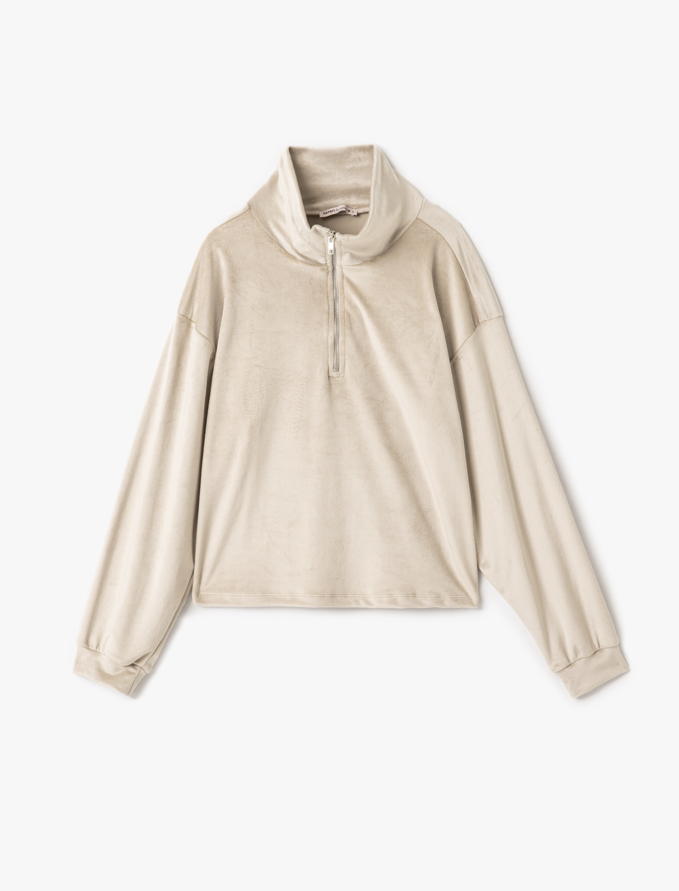   Yarım Fermuar Detaylı Dik Yaka Uzun Kollu Kadife Pijama Üstü