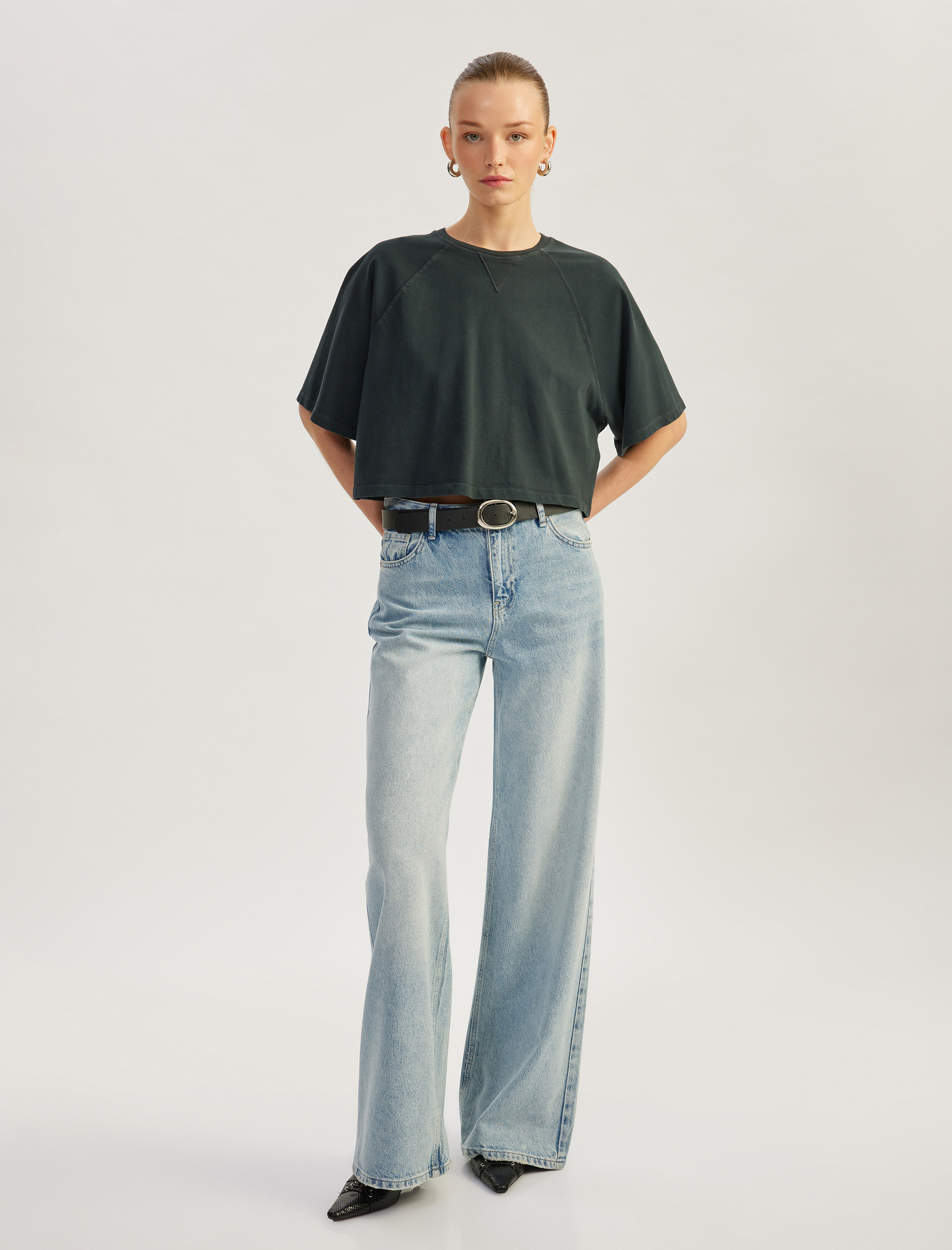   Üç İplik Pamuklu Kısa Kollu Bisiklet Yaka Oversize Tişört