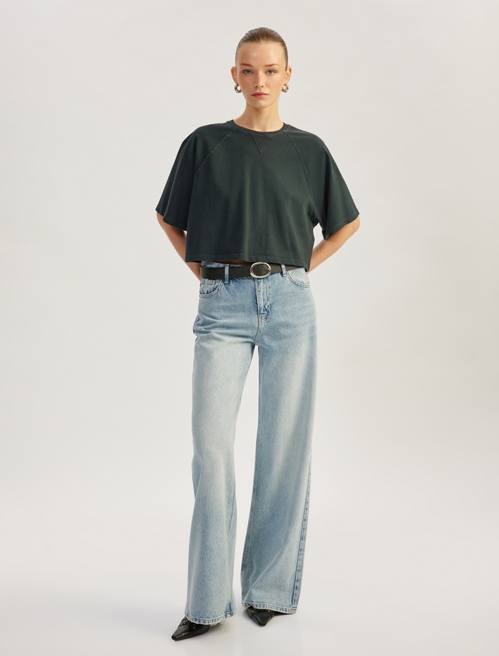  Üç İplik Pamuklu Kısa Kollu Bisiklet Yaka Oversize Tişört