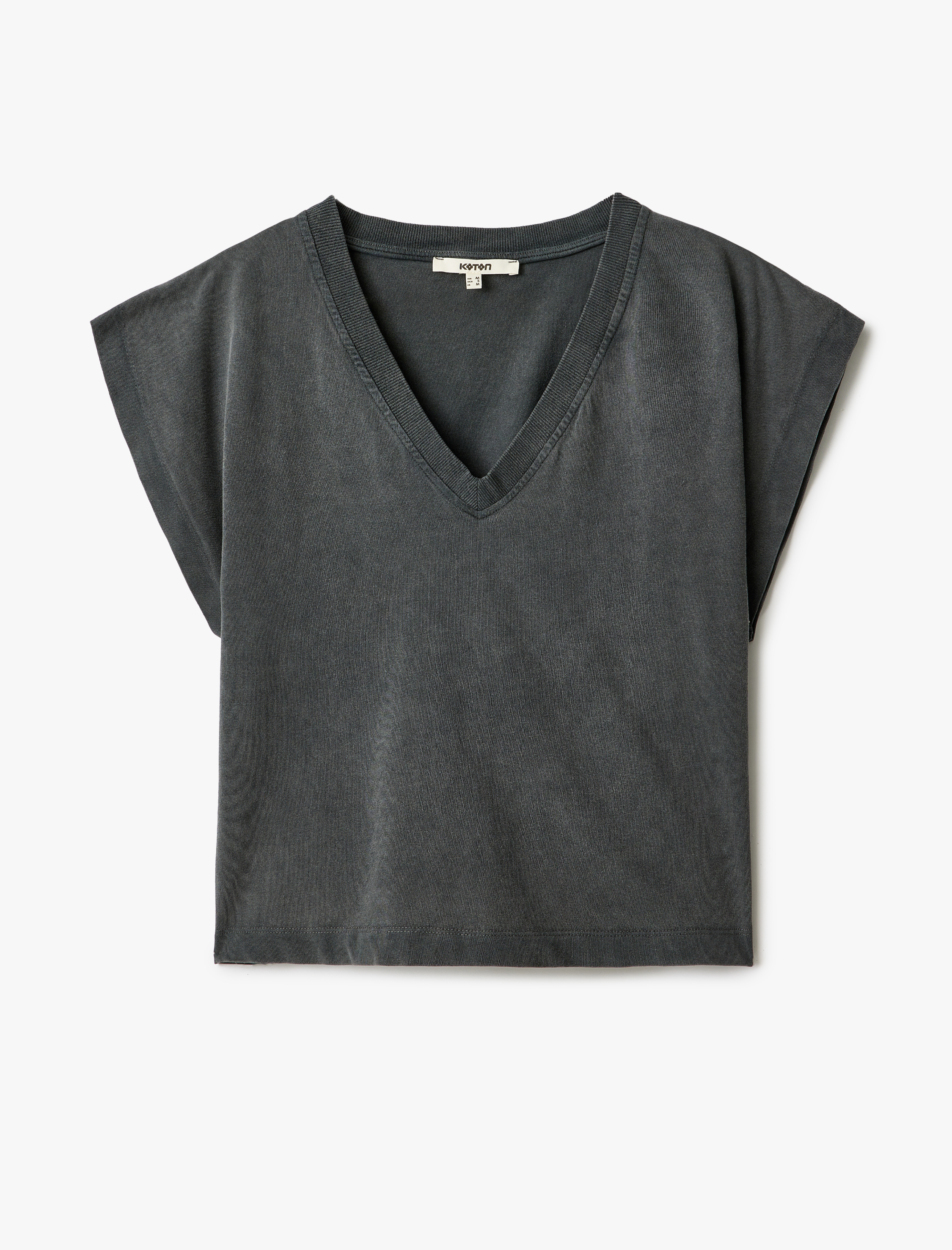   Soluk Efektli Pamuklu Kısa Kap Kol V Yaka Tişört