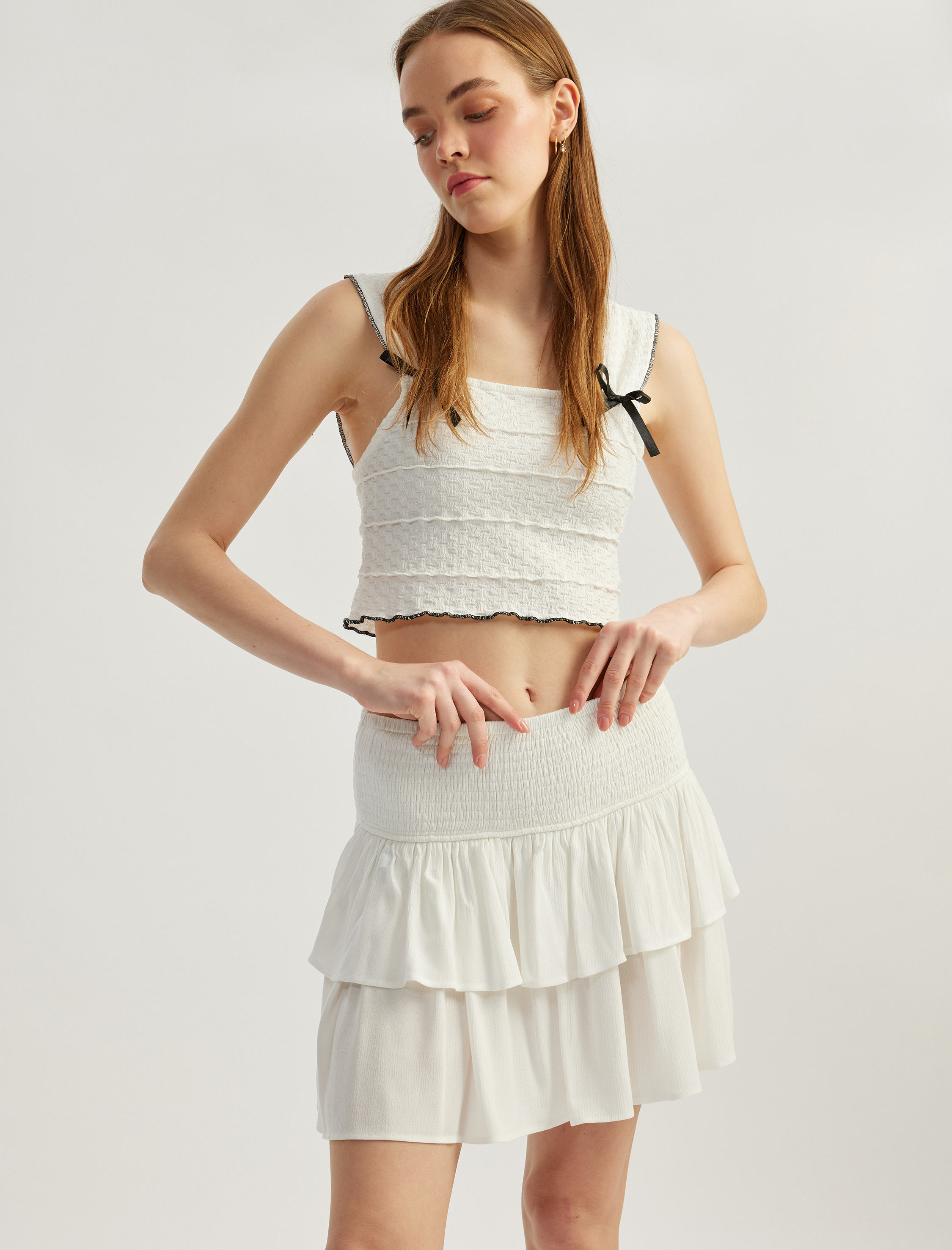   Katlı Volanlı Gipeli Viskon Mini Etek