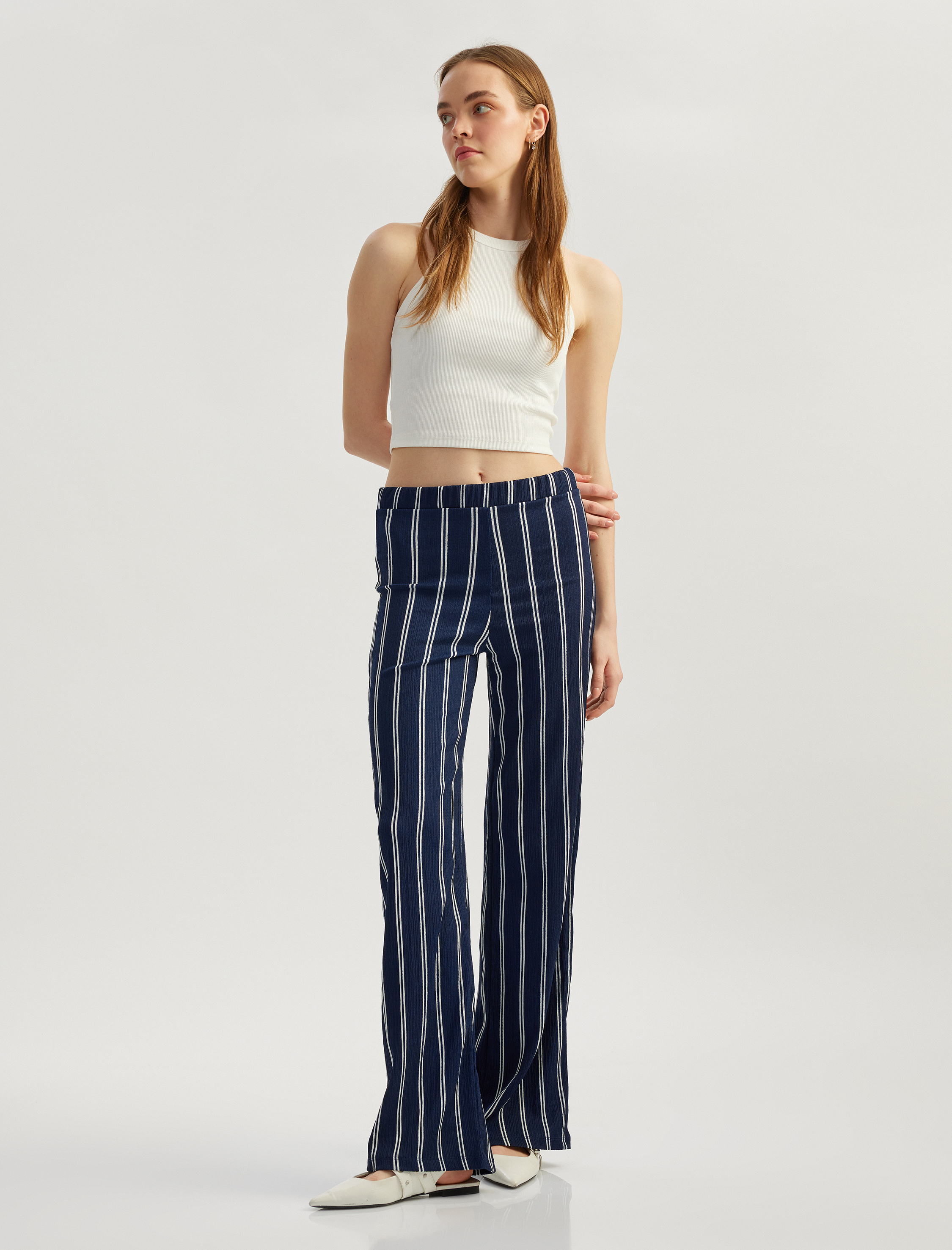   Çizgili Beli Lastikli Geniş Paça Pantolon Bürümcük