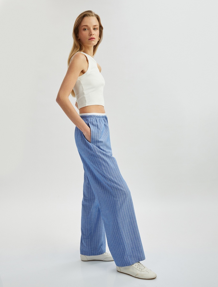  Çift Bel Detaylı Cepli Pamuklu Viskon Kumaşlı Düz Bol Paça Pantolon