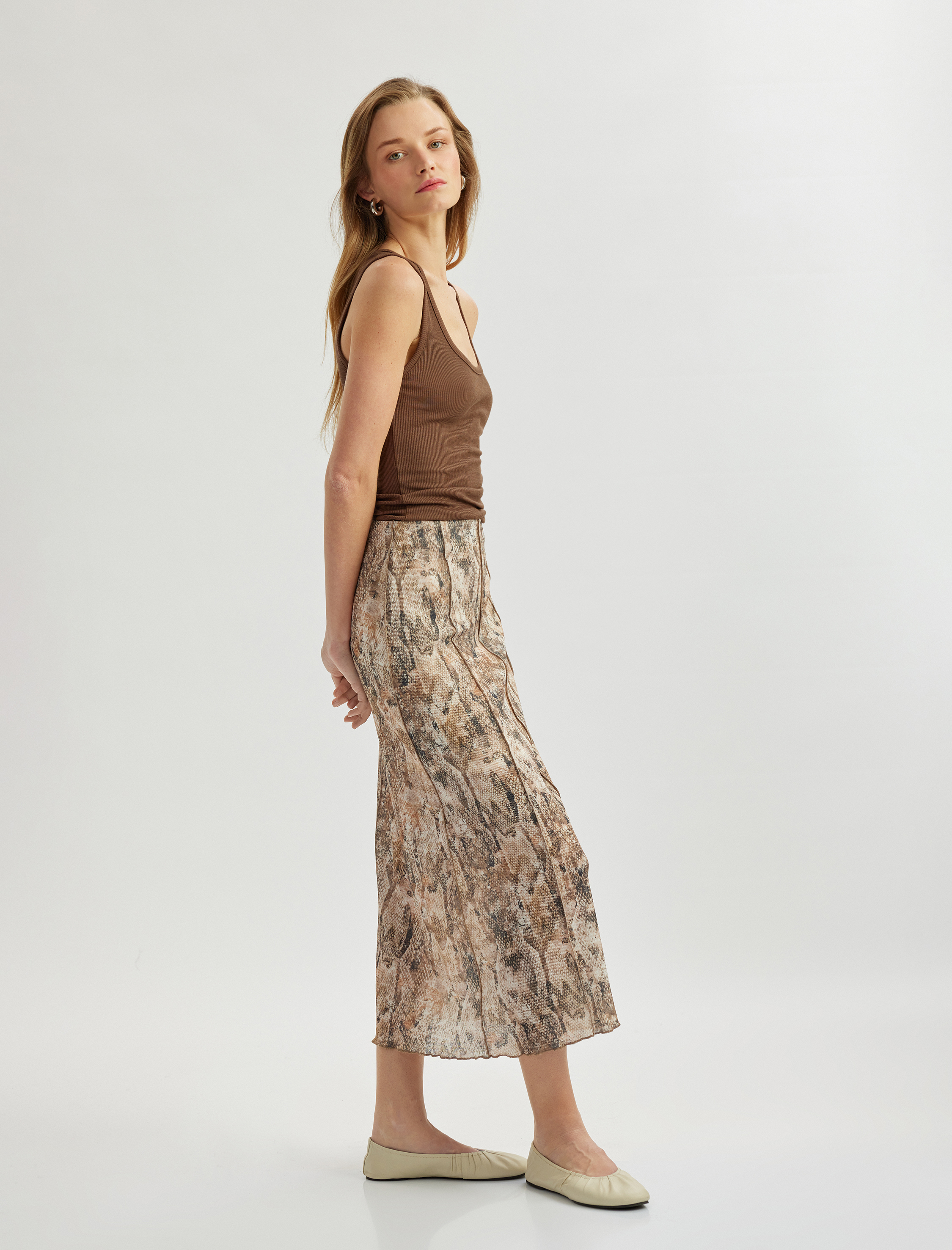   Yüksek Bel Regular Fit Yılan Desenli Midi Etek