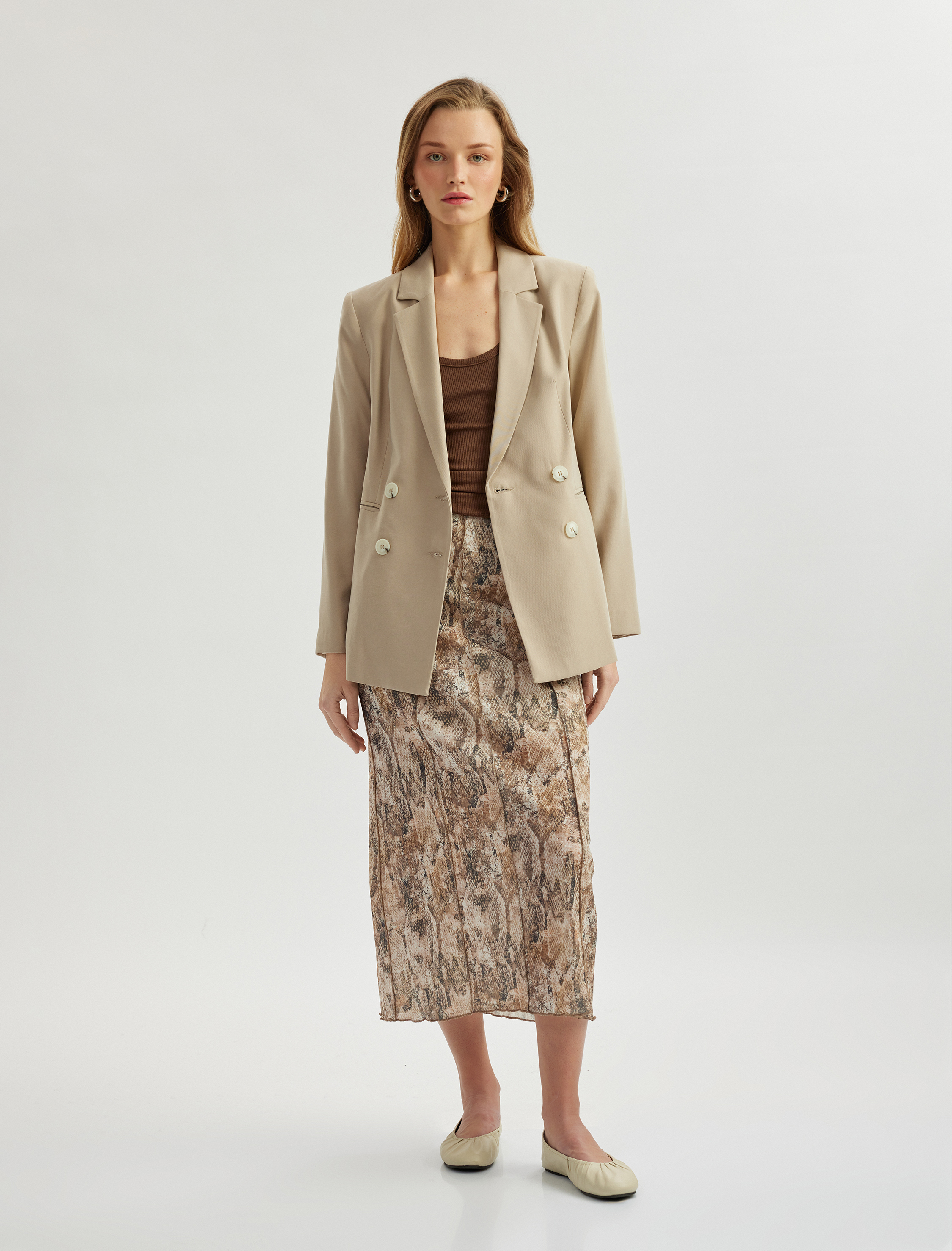   Yüksek Bel Regular Fit Yılan Desenli Midi Etek