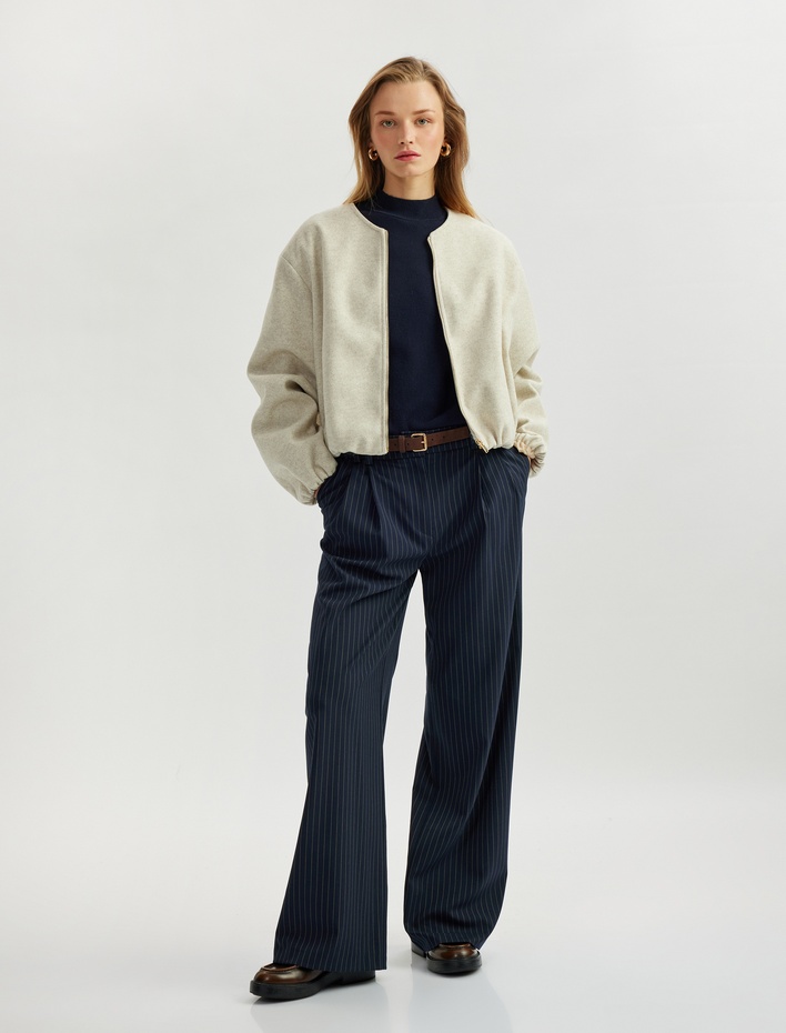  Uzun Kollu Cepli Fermuarlı Kolej Ceket