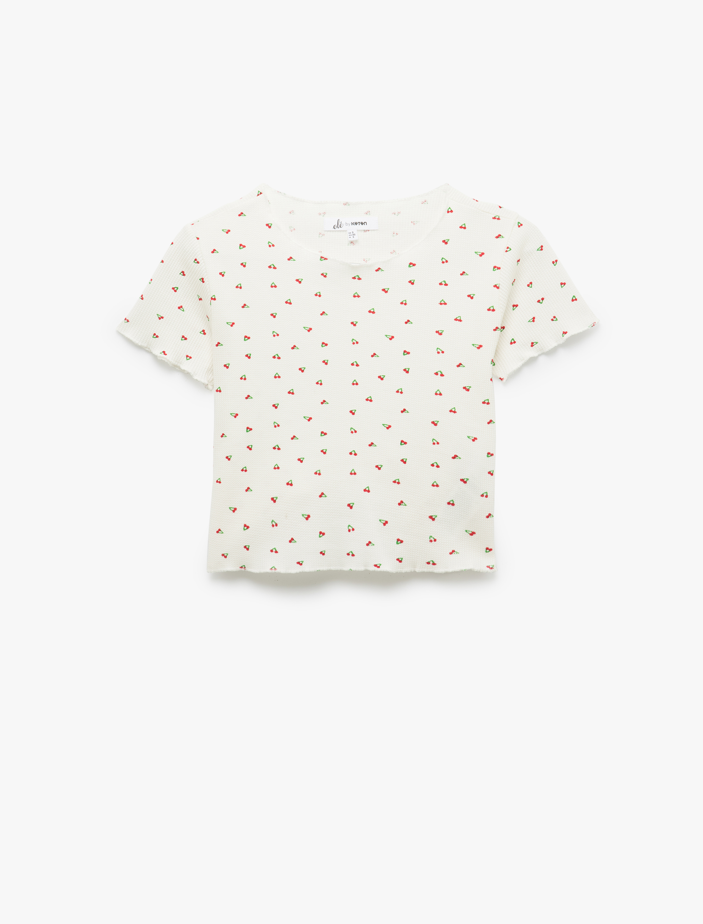   Kiraz Baskılı Kısa Kollu Bisiklet Yaka Fitilli Crop Tişört