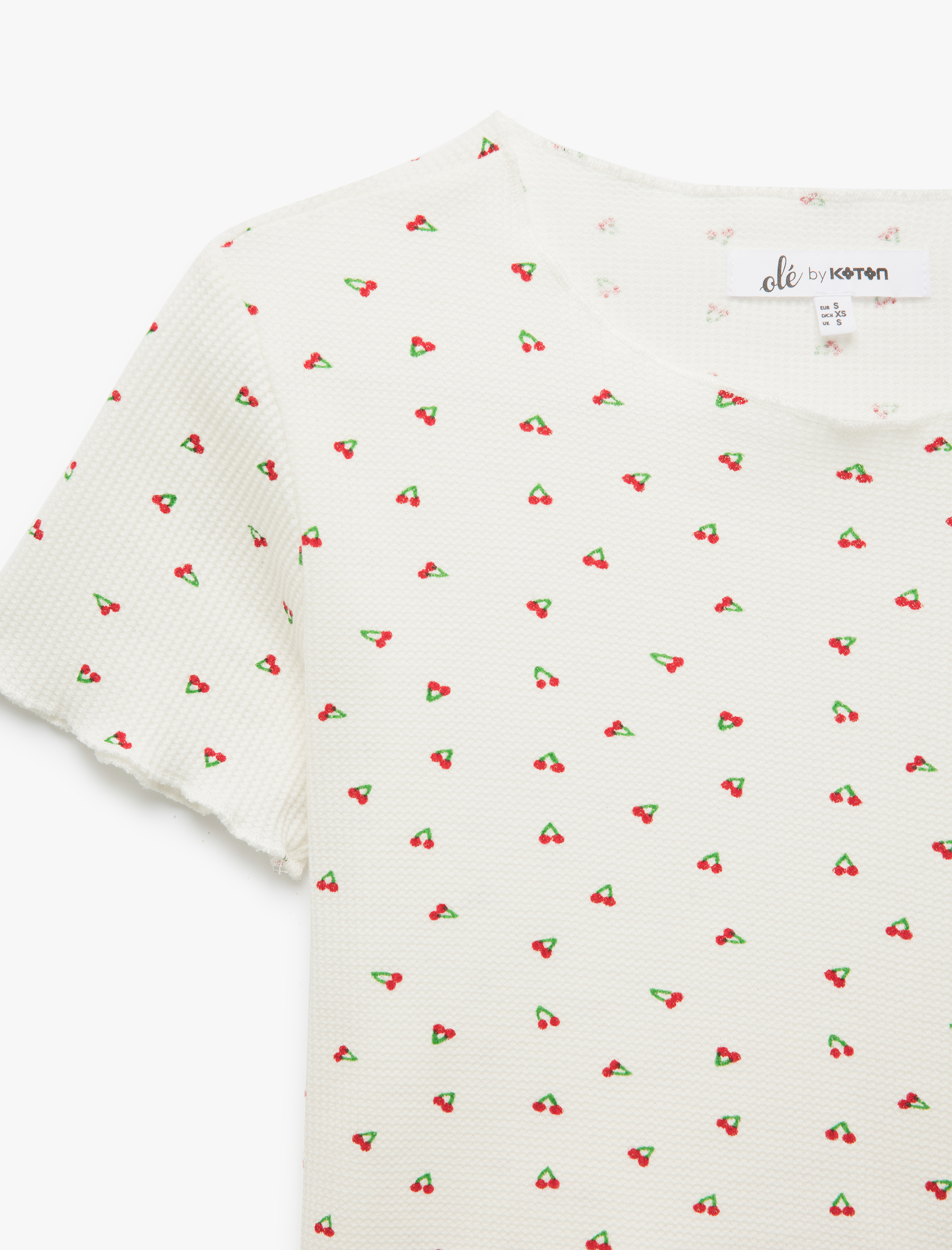   Kiraz Baskılı Kısa Kollu Bisiklet Yaka Fitilli Crop Tişört