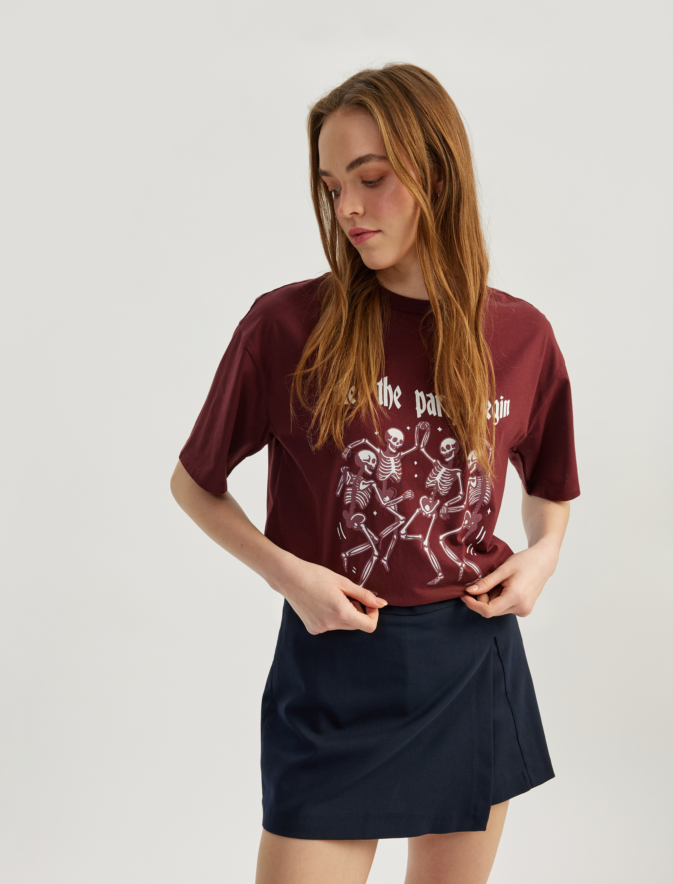   Kuru Kafa Baskılı Kısa Kollu Bisiklet Yaka Oversize Tişört