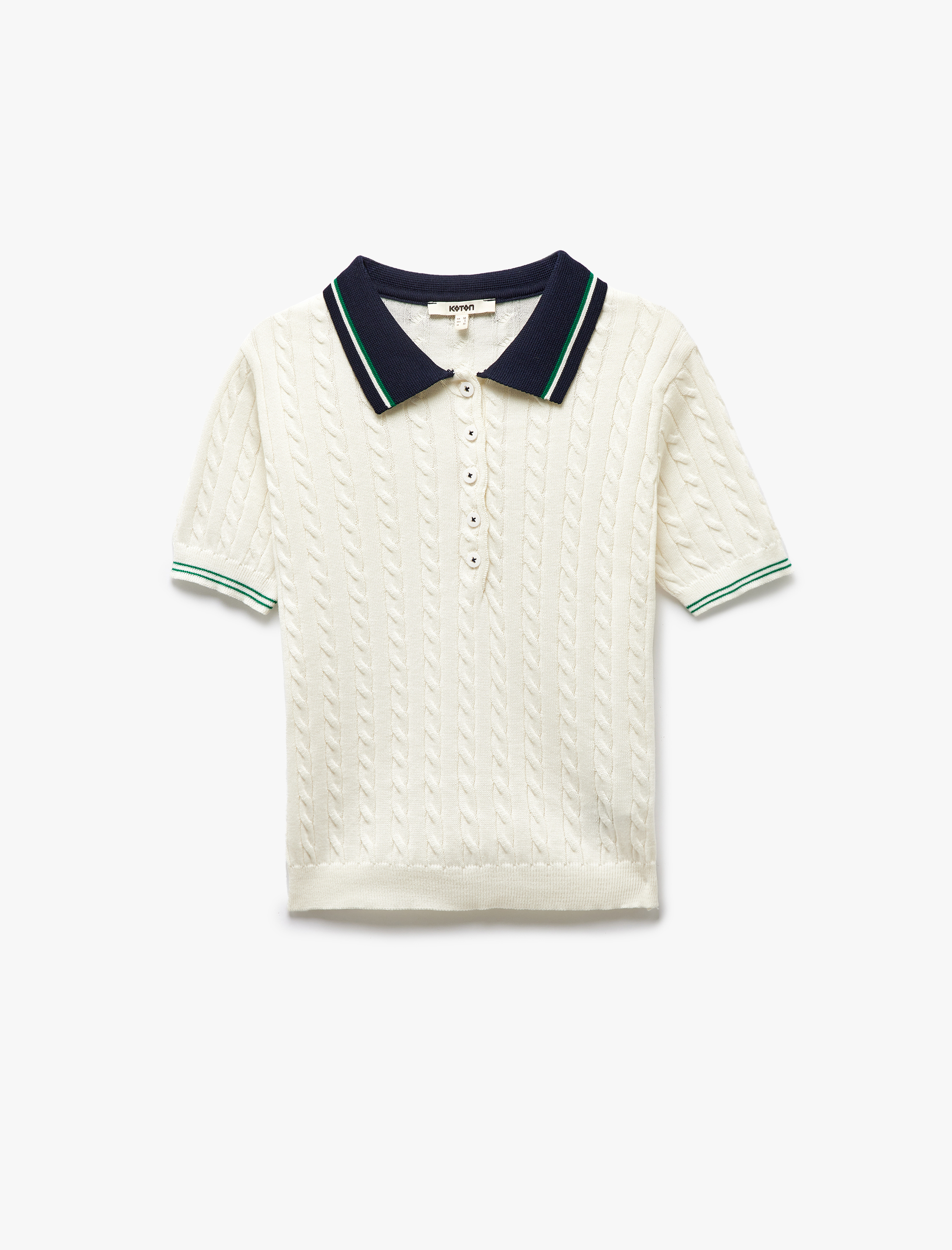   Kontrast Detaylı Düğmeli Saç Örgü Kısa Kollu Polo Yaka Triko Kazak