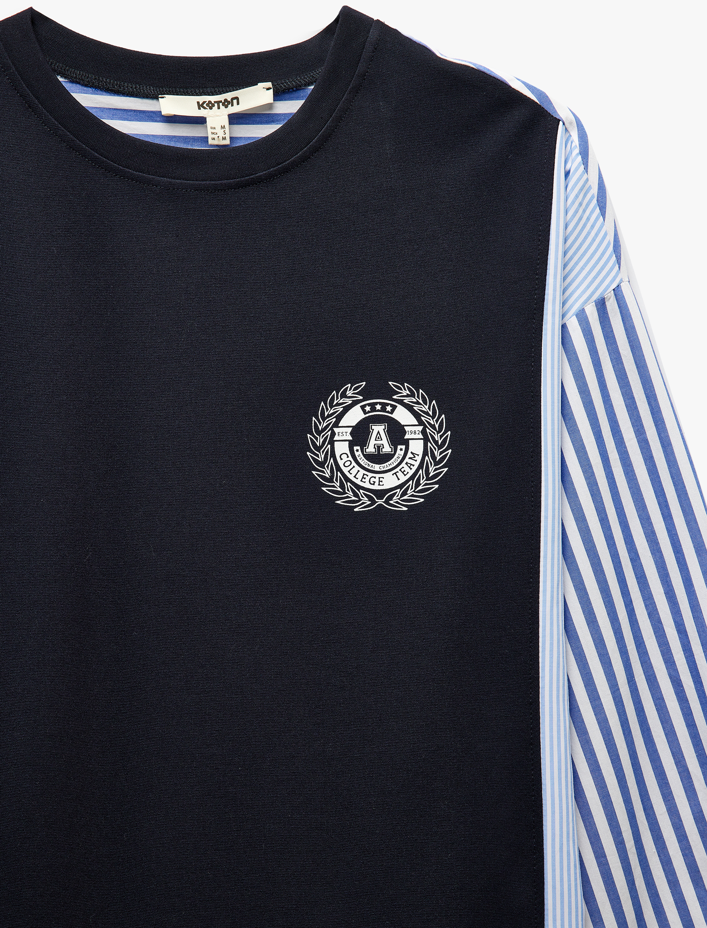   İki Farklı Kumaş Detaylı Rahat Kalıp Uzun Kollu Bisiklet Yaka Çizgili Sweatshirt