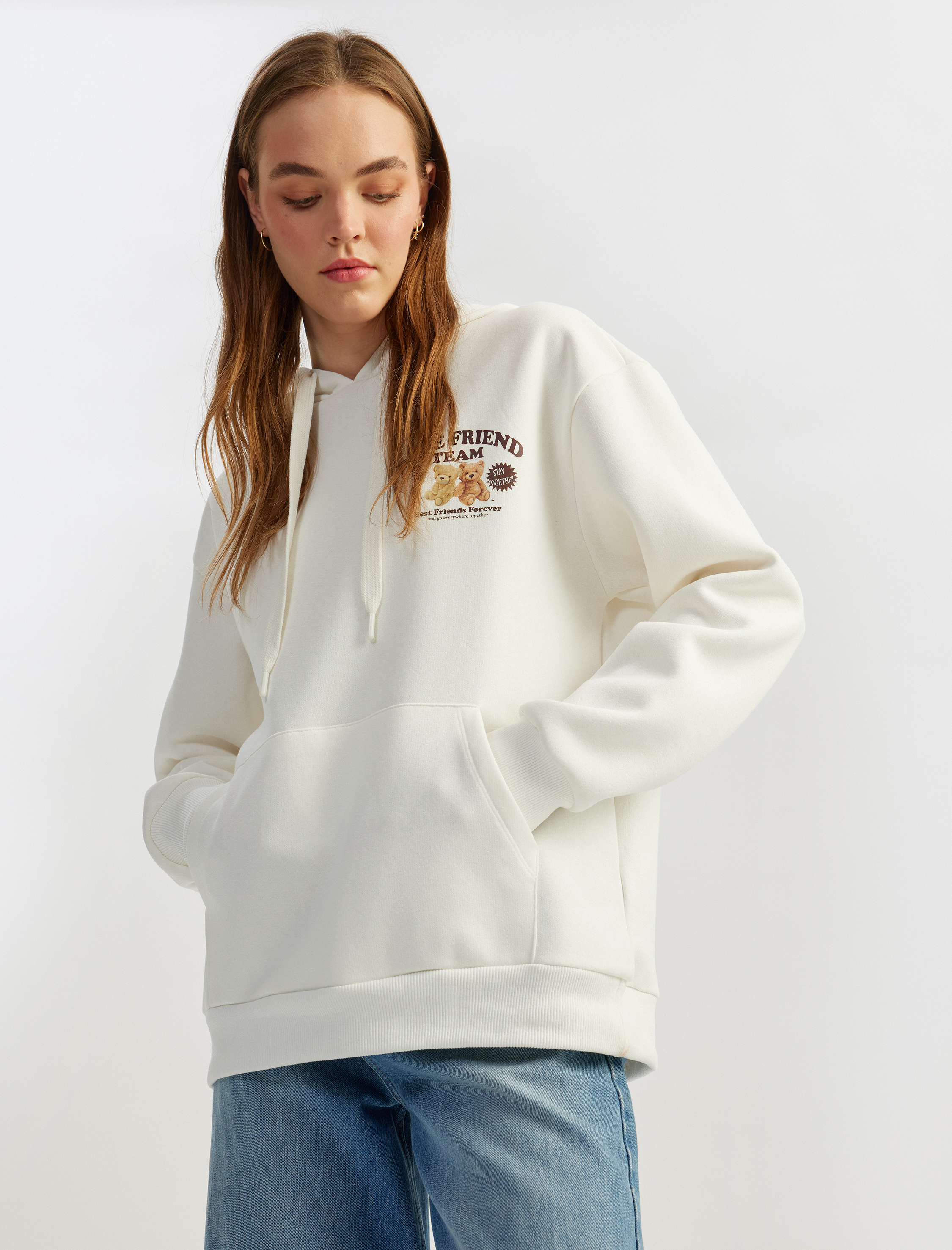   Şardonlu Kapüşonlu Kanguru Cepli Baskılı Oversize Sweatshirt