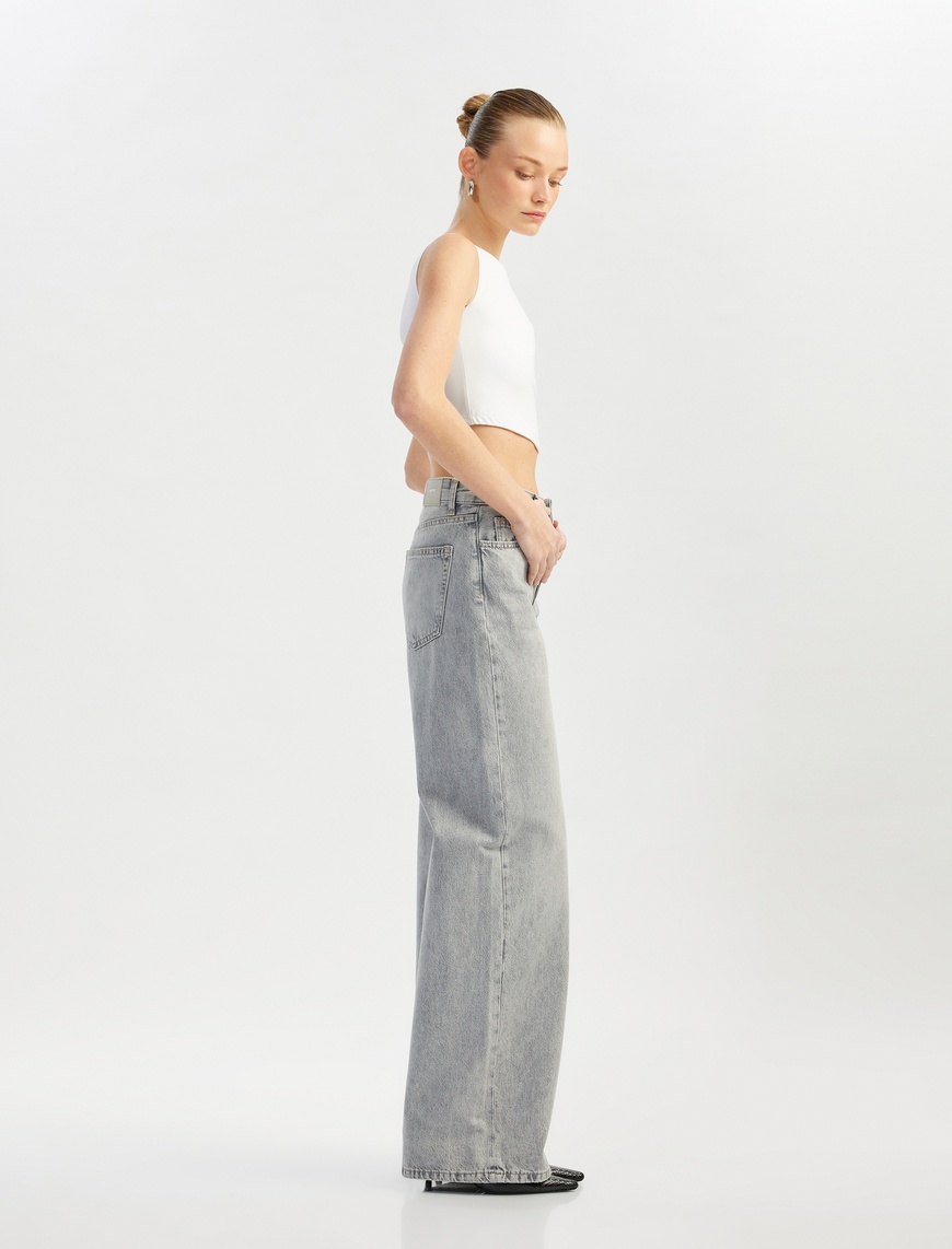   Yıkamalı Geniş Paça Rahat Kalıp Denim Pantolon - Wide Leg Jean