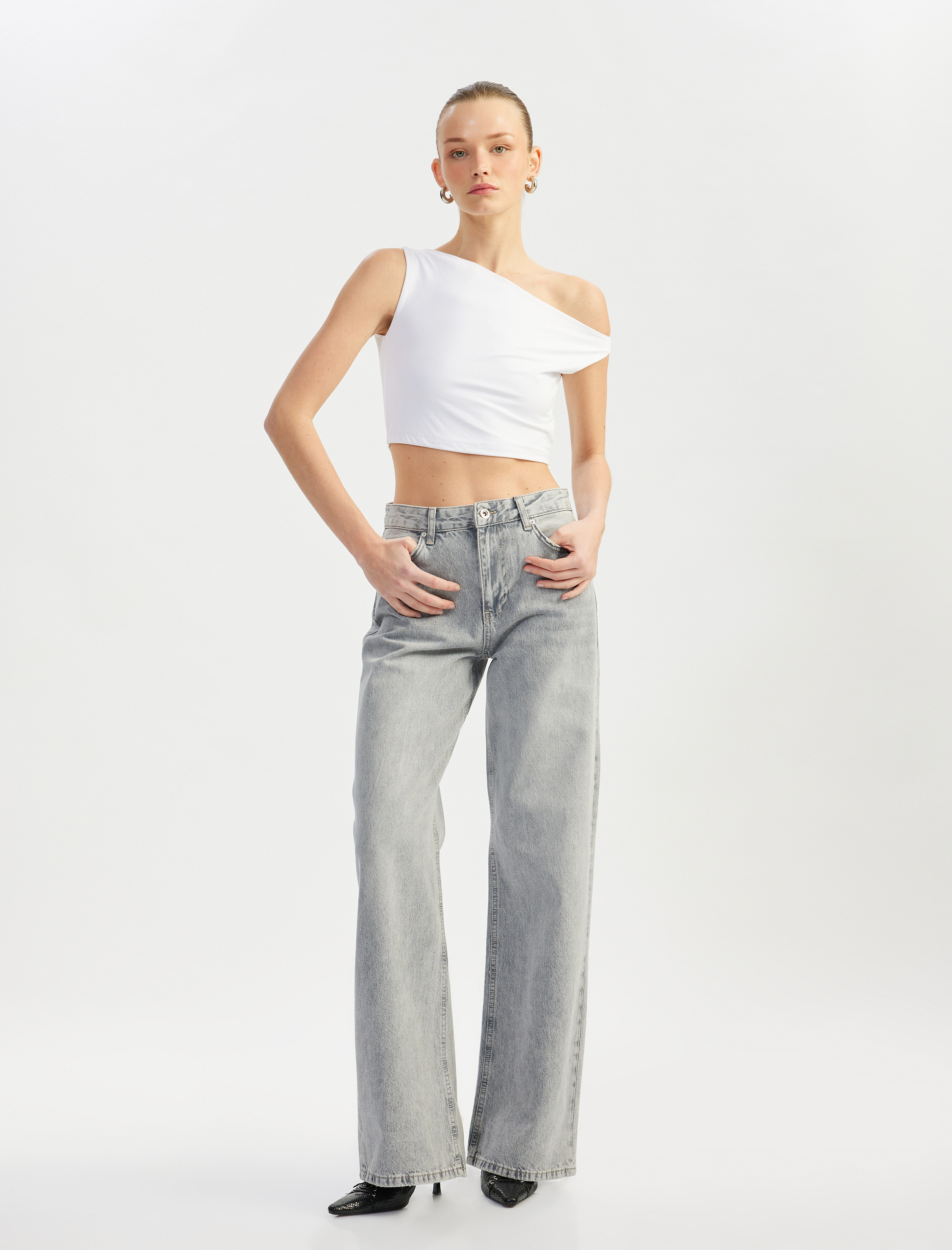 Koton Kadın Yıkamalı Geniş Paça Rahat Kalıp Denim Pantolon - Wide Leg Jean -1