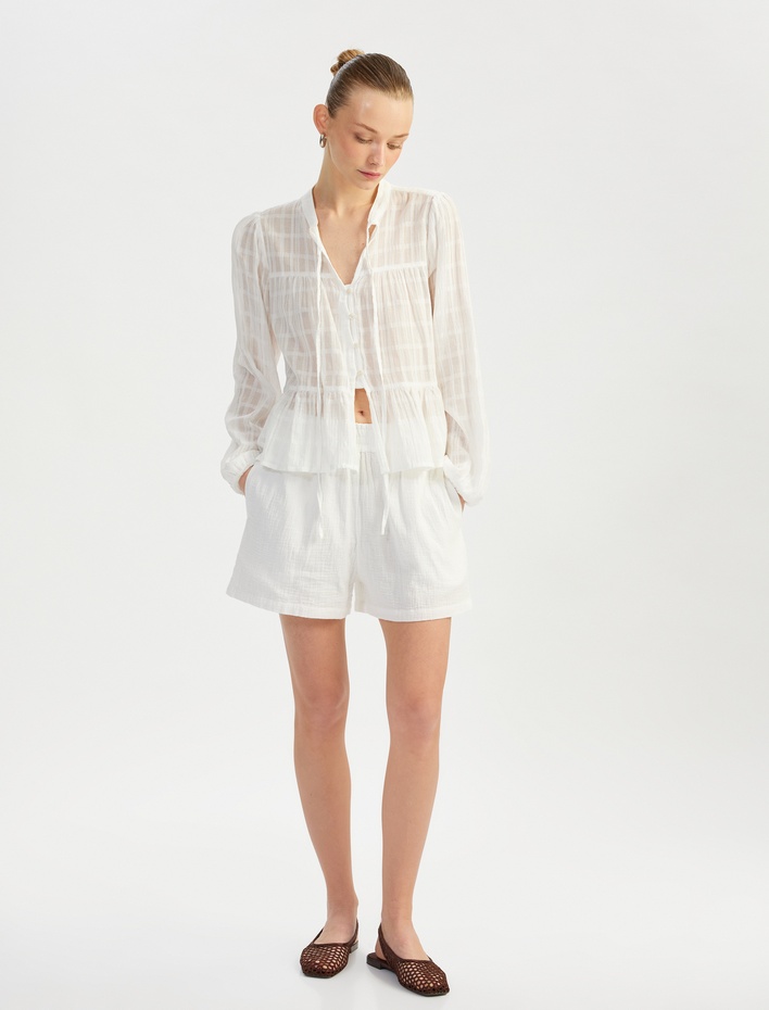  Lastikli Yüksek Bel Cepli Pamuklu Mini Müslin Şort