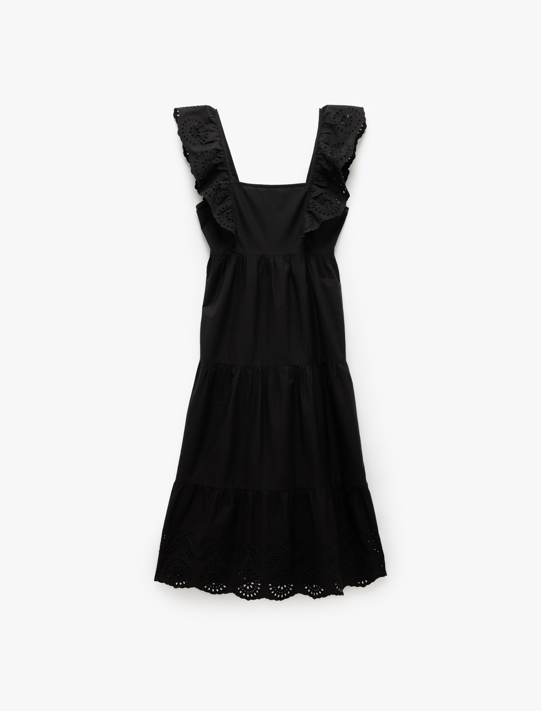   Pamuklu Astarlı Fırfırlı Kare Yaka Midi Boy Fistolu Brodeli Elbise