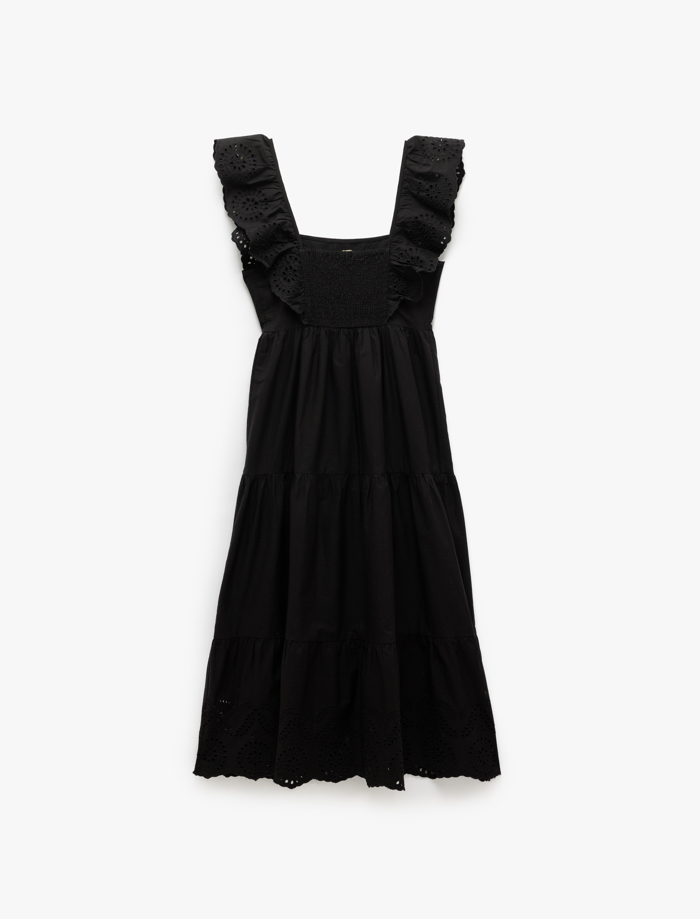   Pamuklu Astarlı Fırfırlı Kare Yaka Midi Boy Fistolu Brodeli Elbise