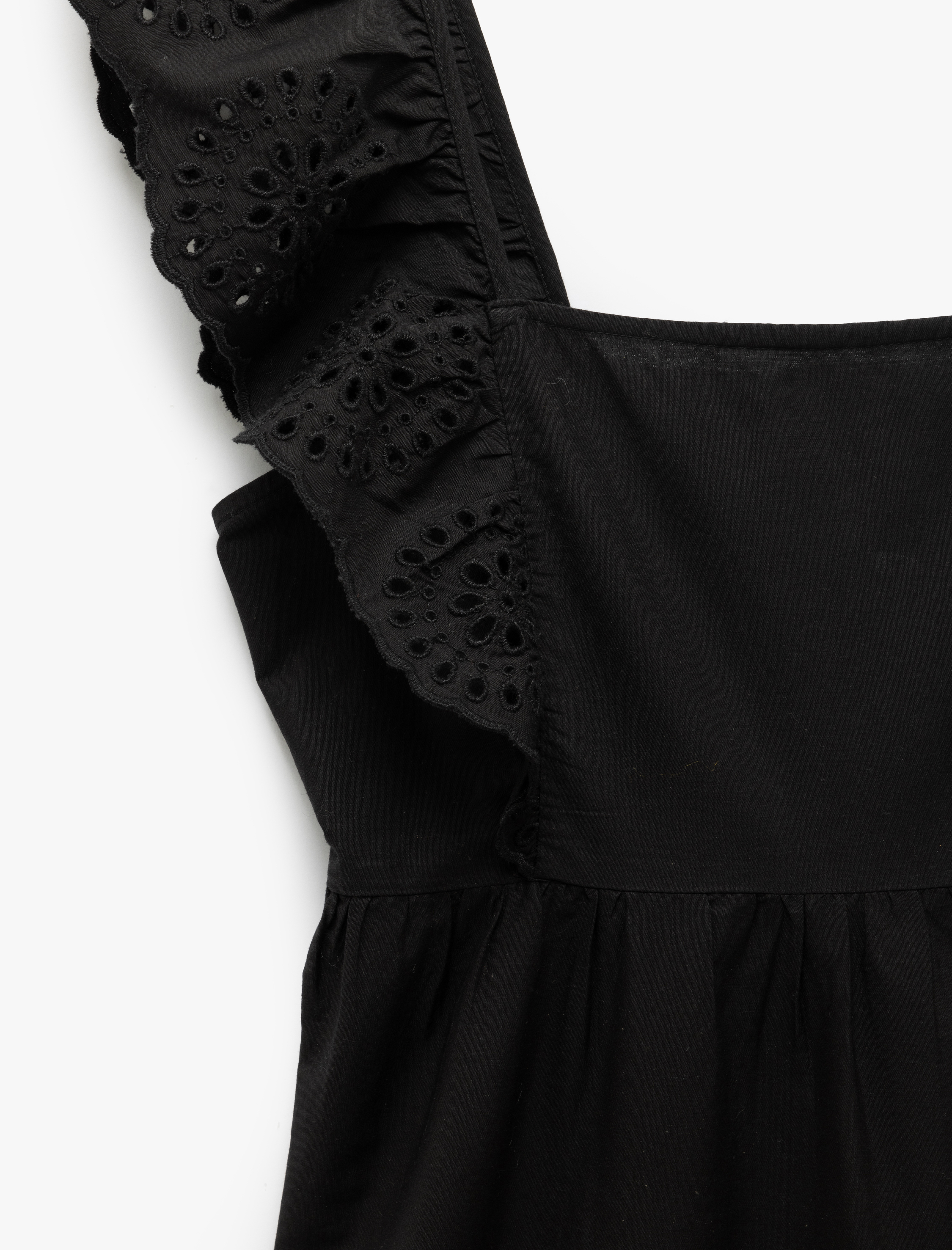   Pamuklu Astarlı Fırfırlı Kare Yaka Midi Boy Fistolu Brodeli Elbise