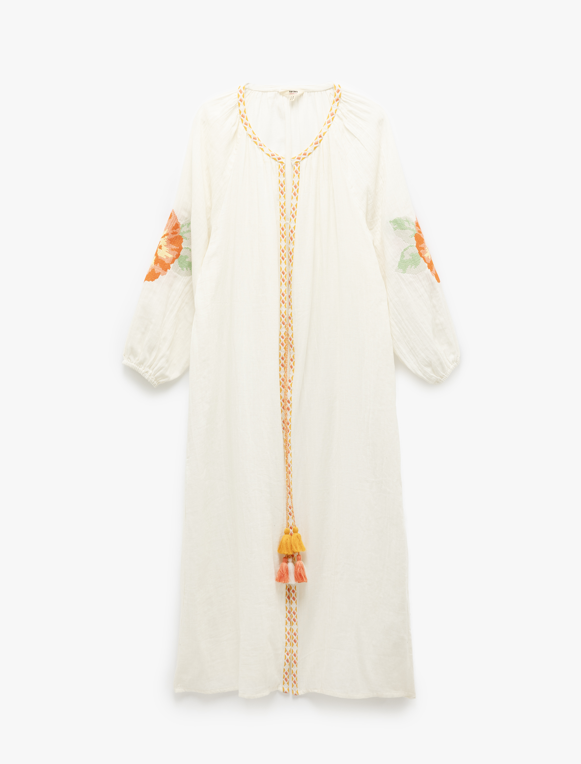   Pamuklu Çiçekli Nakış Detaylı Yuvarlak Yaka Uzun Balon Kollu Kaftan Plaj Elbisesi