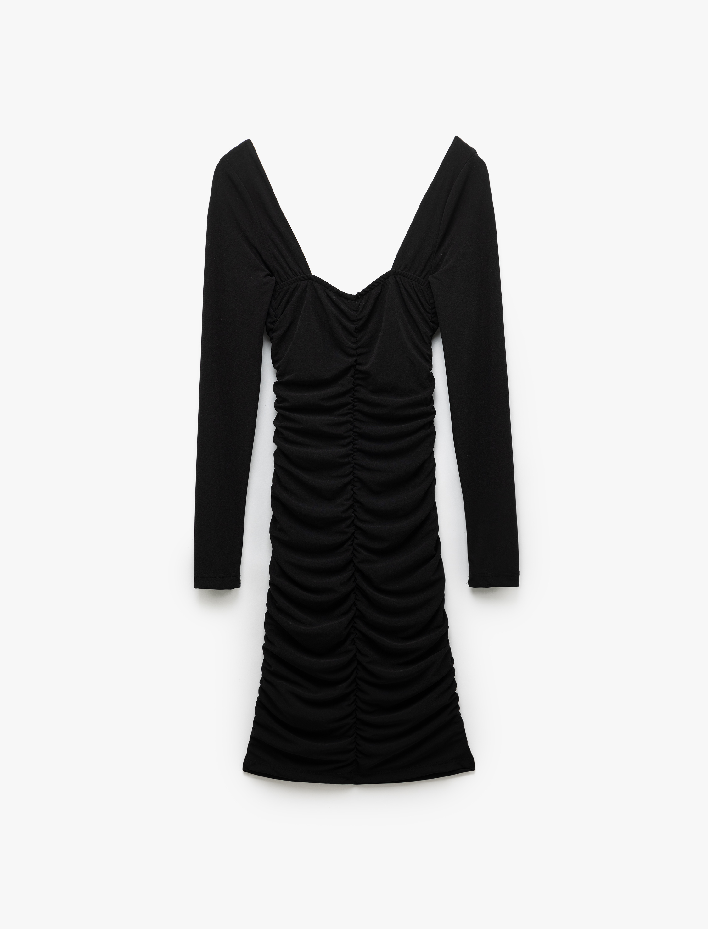 Drapeli Slim Fit Uzun Kollu Mini Kare Yaka Elbise