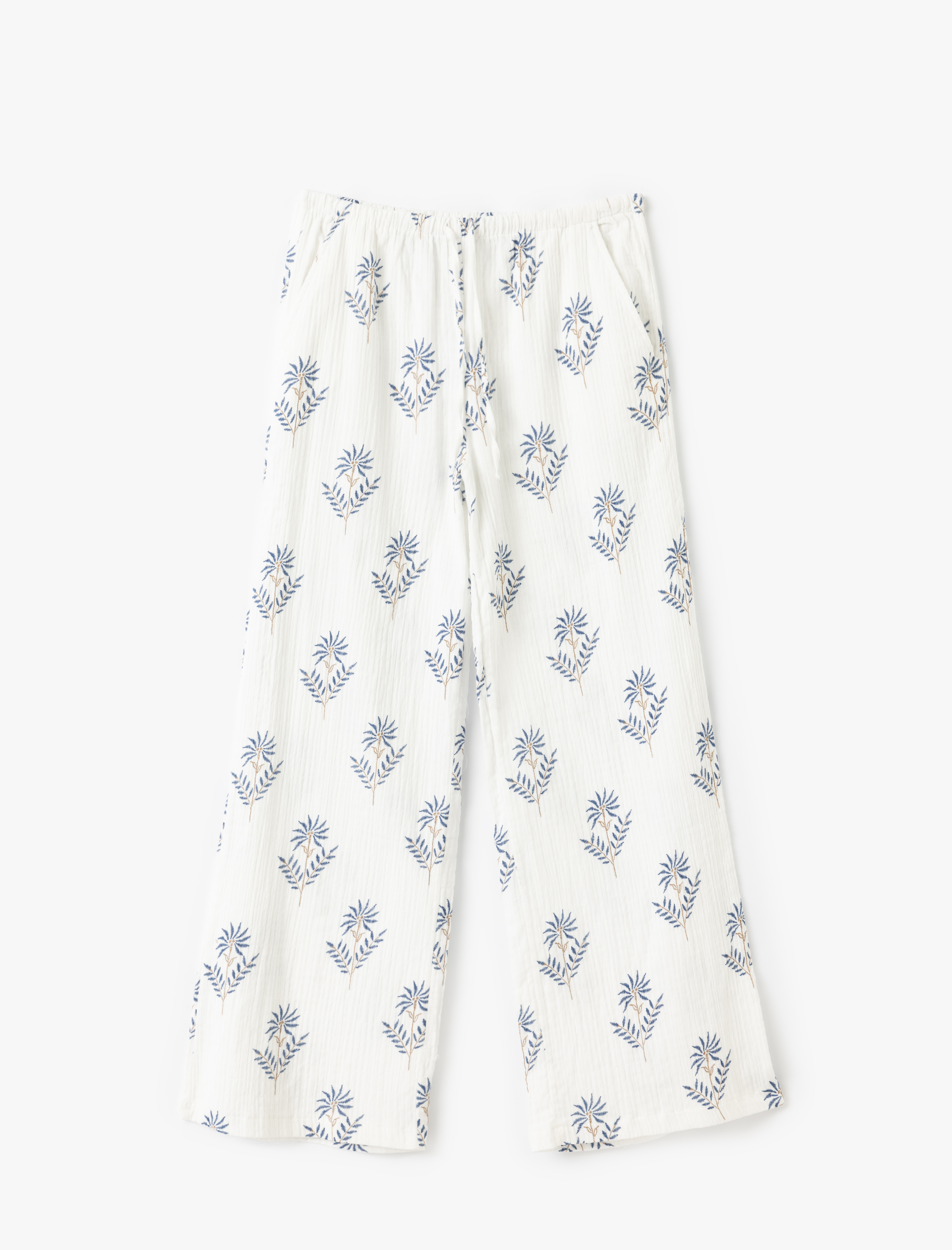   Beli Bağcıklı Çiçekli Düz Paça Pantolon