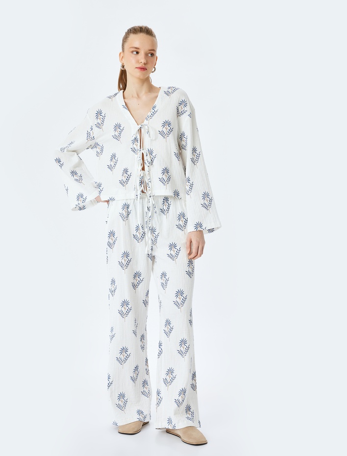  Bağlama Detaylı V Yaka Uzun Kollu Etnik Bluz