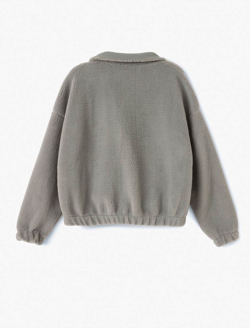   Fermuarlı Dik Yaka Cep Detaylı Peluş Sweatshirt