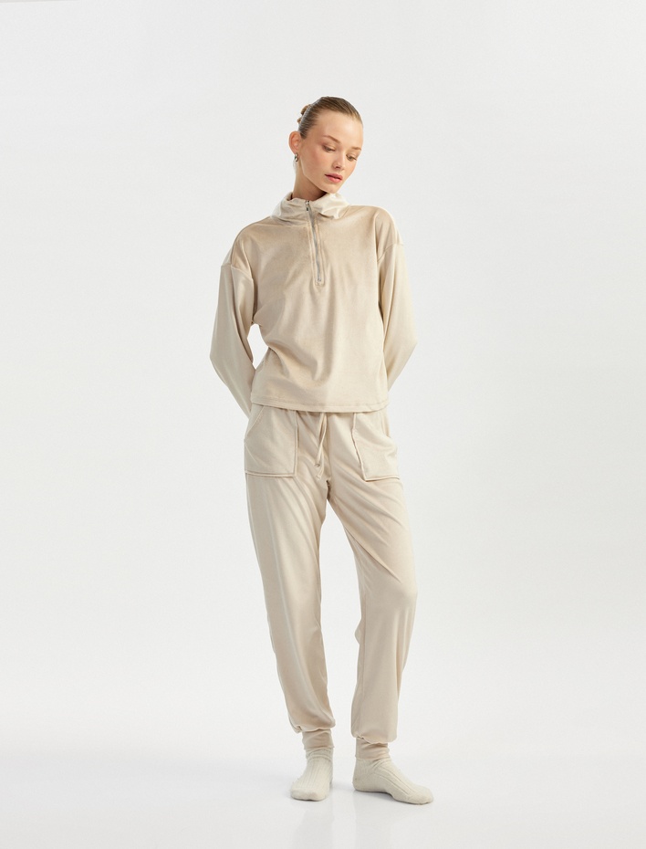  Cepli Beli Bağlamalı Jogger Kadife Pijama Altı