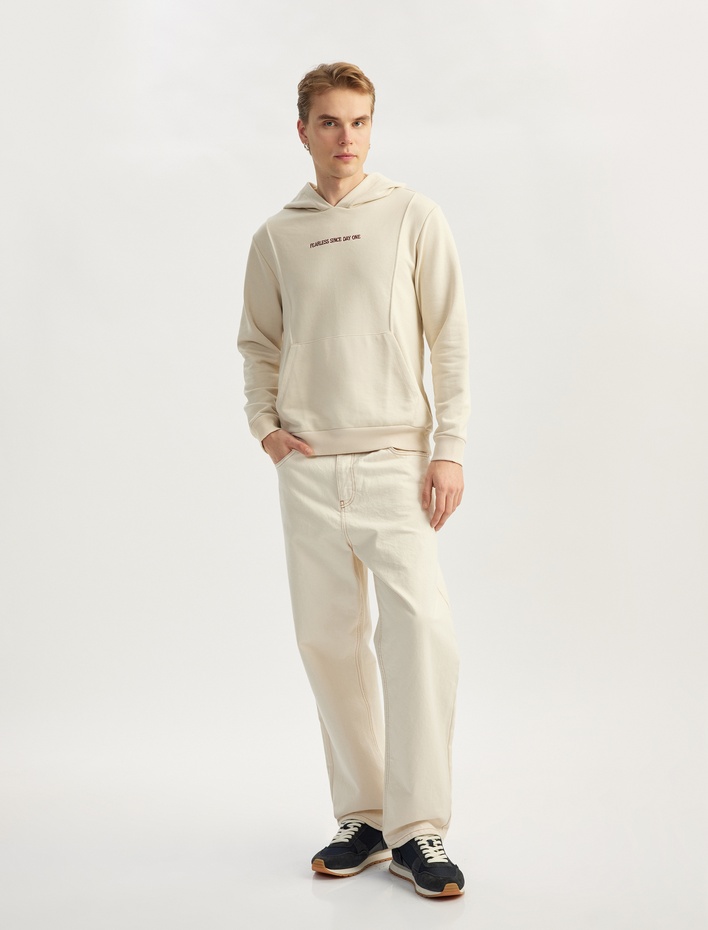  Uzun Kollu Pamuk Karışımlı Kapşonlu Cepli Slogan Baskılı Hoodie