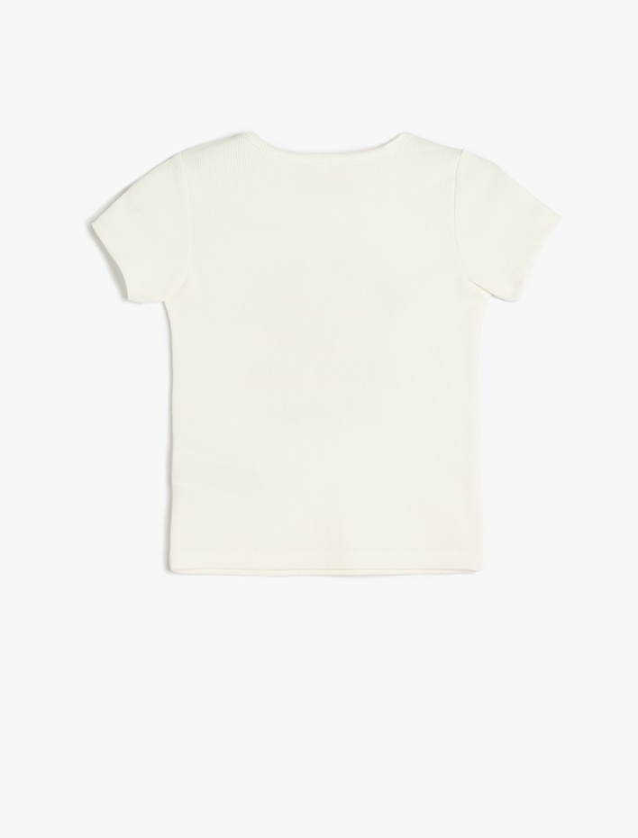 Kız Çocuk Bisiklet Yaka Kısa Kollu Baskı Detaylı Pamuklu Crop Tişört