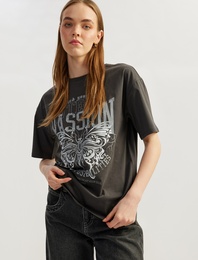 Baskılı Bisiklet Yaka Kısa Kollu Oversize Tişört