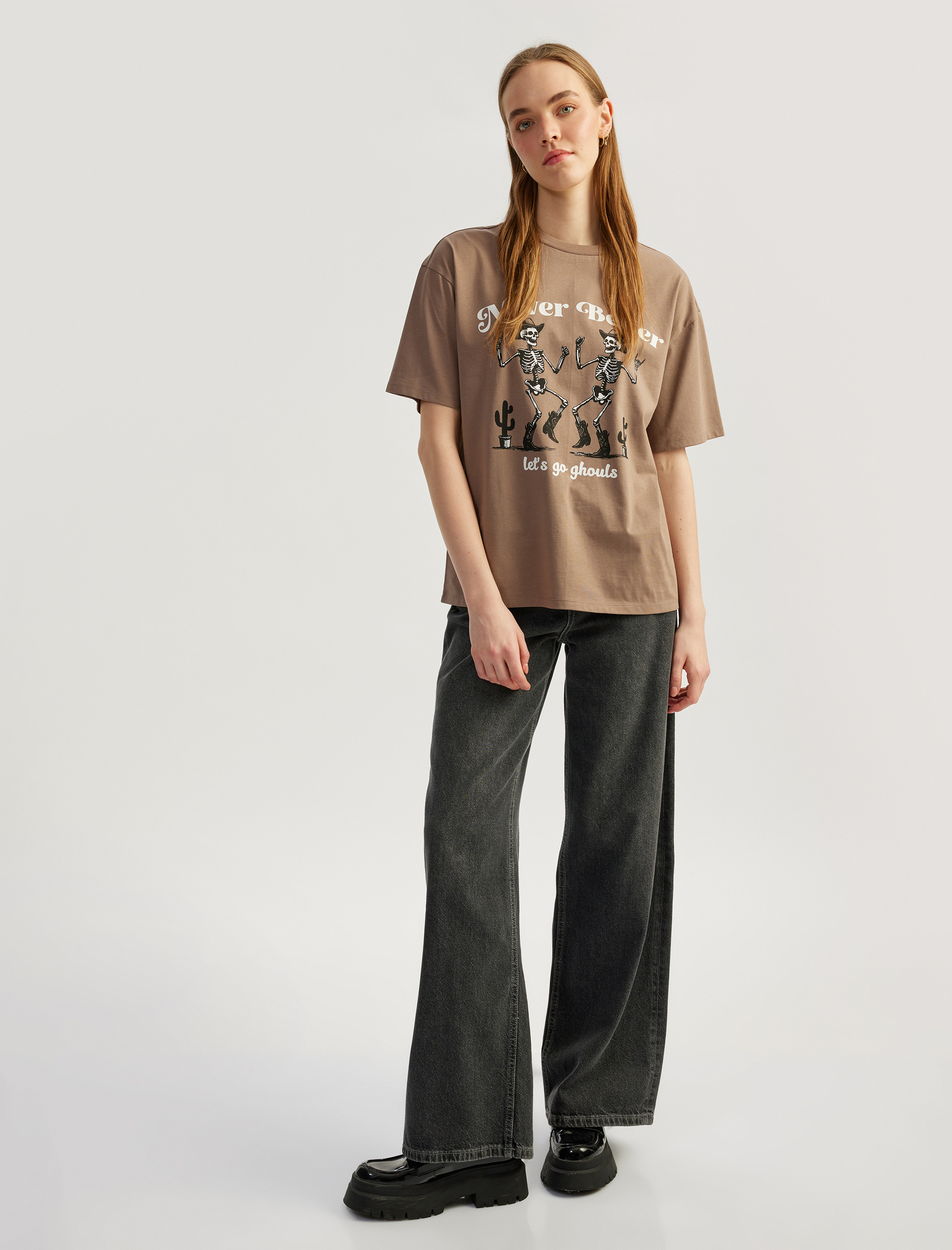   Kuru Kafa Baskılı Kısa Kollu Bisiklet Yaka Oversize Tişört