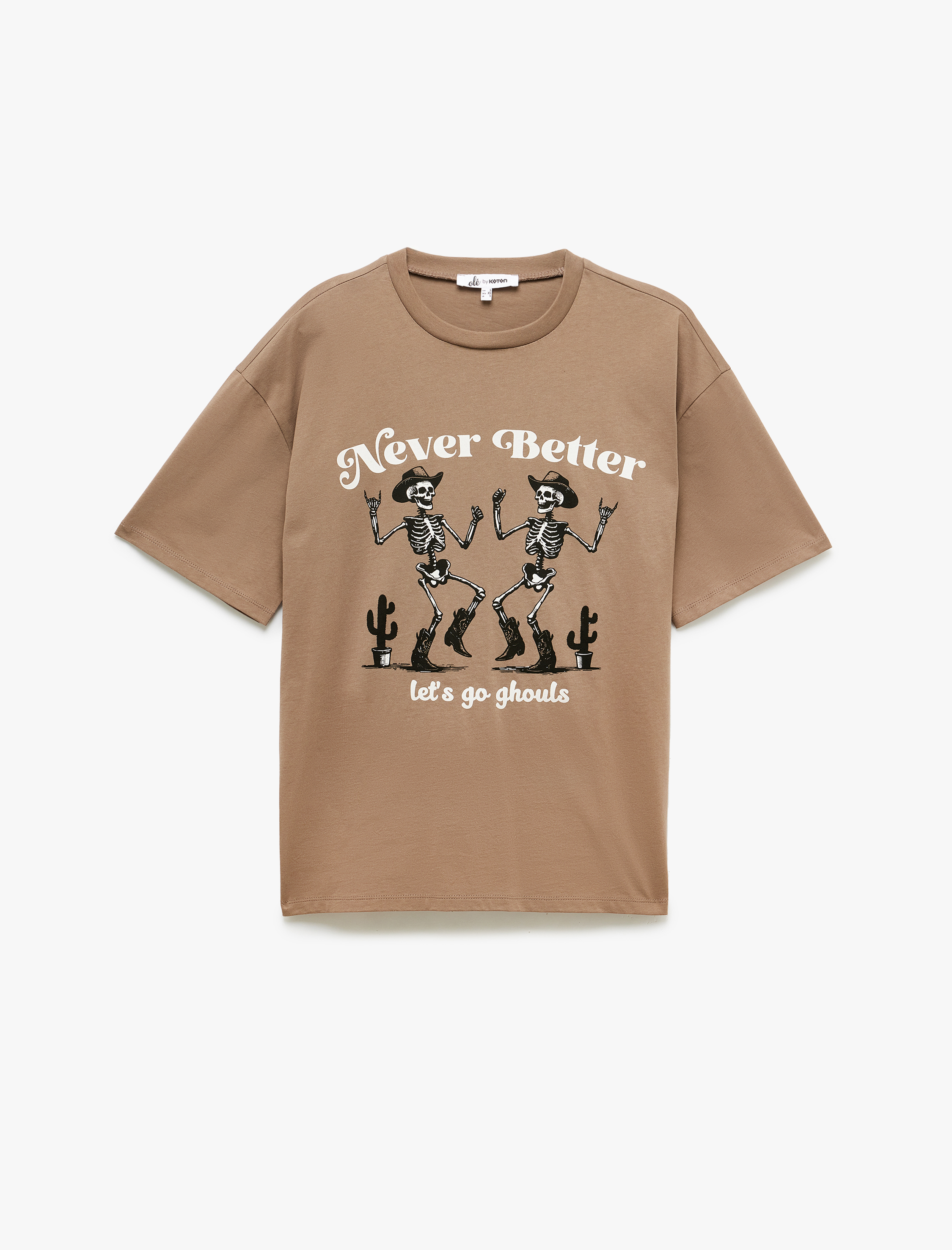   Kuru Kafa Baskılı Kısa Kollu Bisiklet Yaka Oversize Tişört