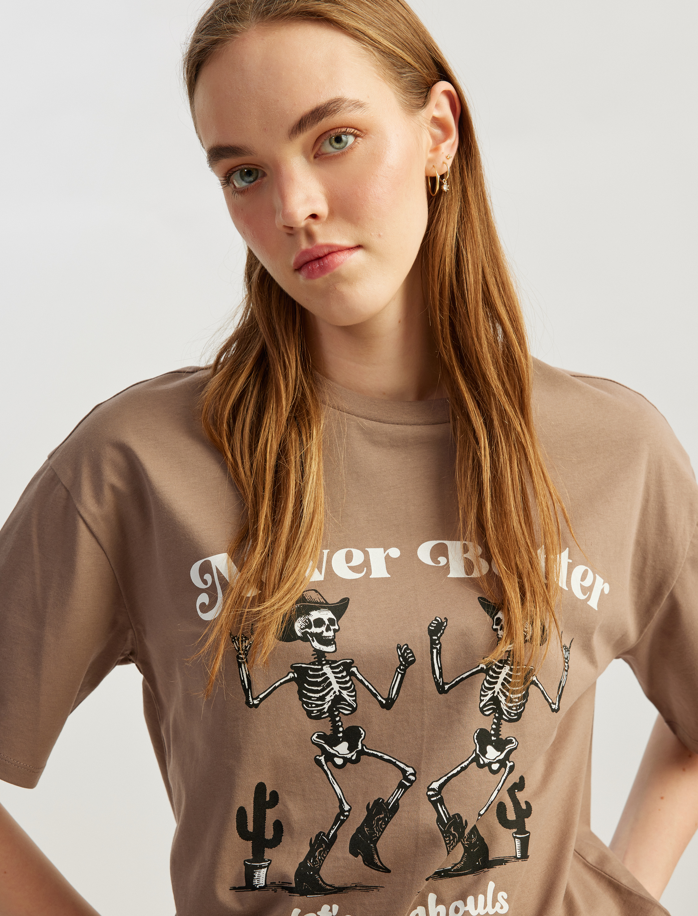   Kuru Kafa Baskılı Kısa Kollu Bisiklet Yaka Oversize Tişört