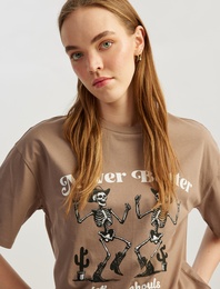 Kuru Kafa Baskılı Kısa Kollu Bisiklet Yaka Oversize Tişört