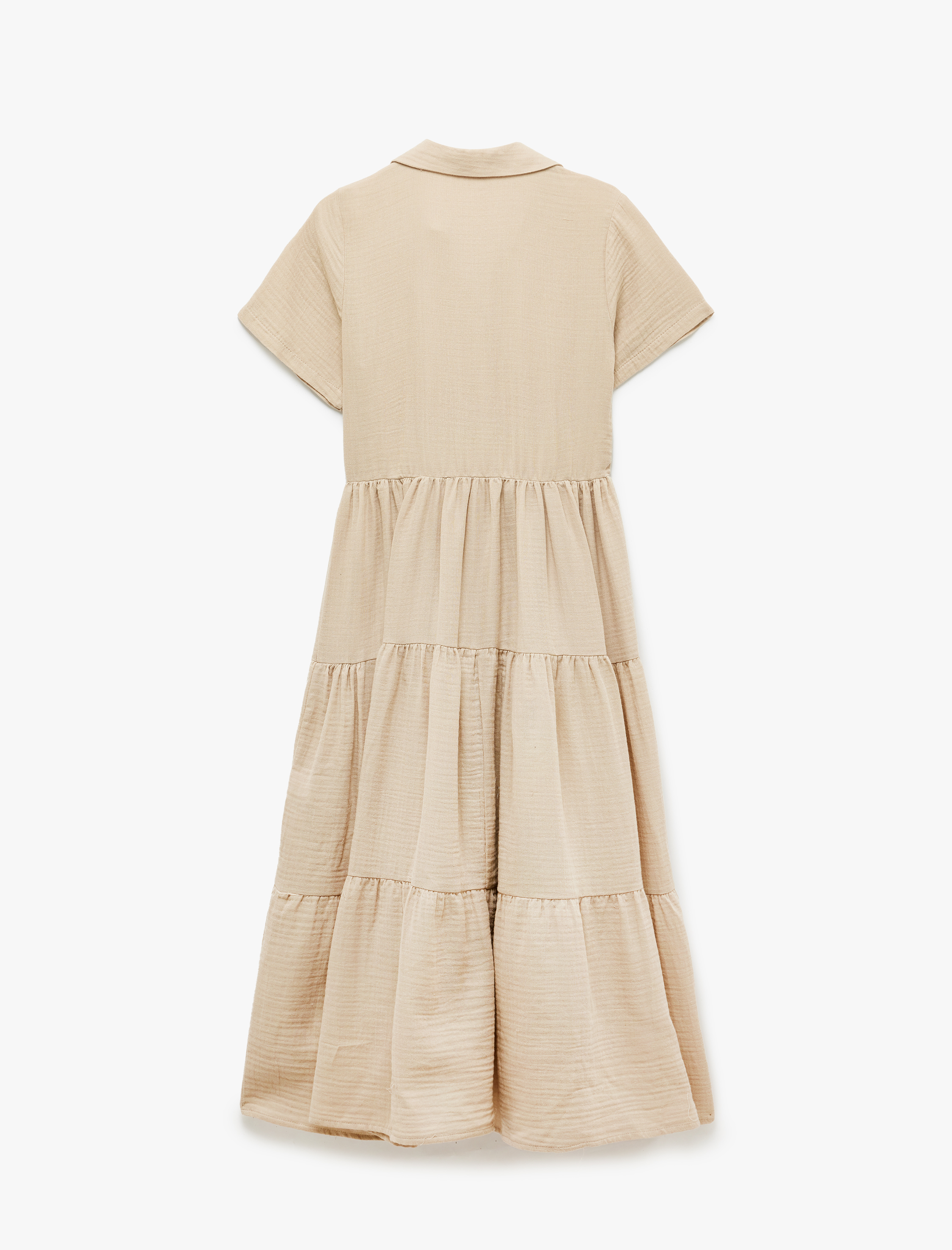 Katlı Volanlı Kısa Kollu Düğmeli Uzun Gömlek Elbise