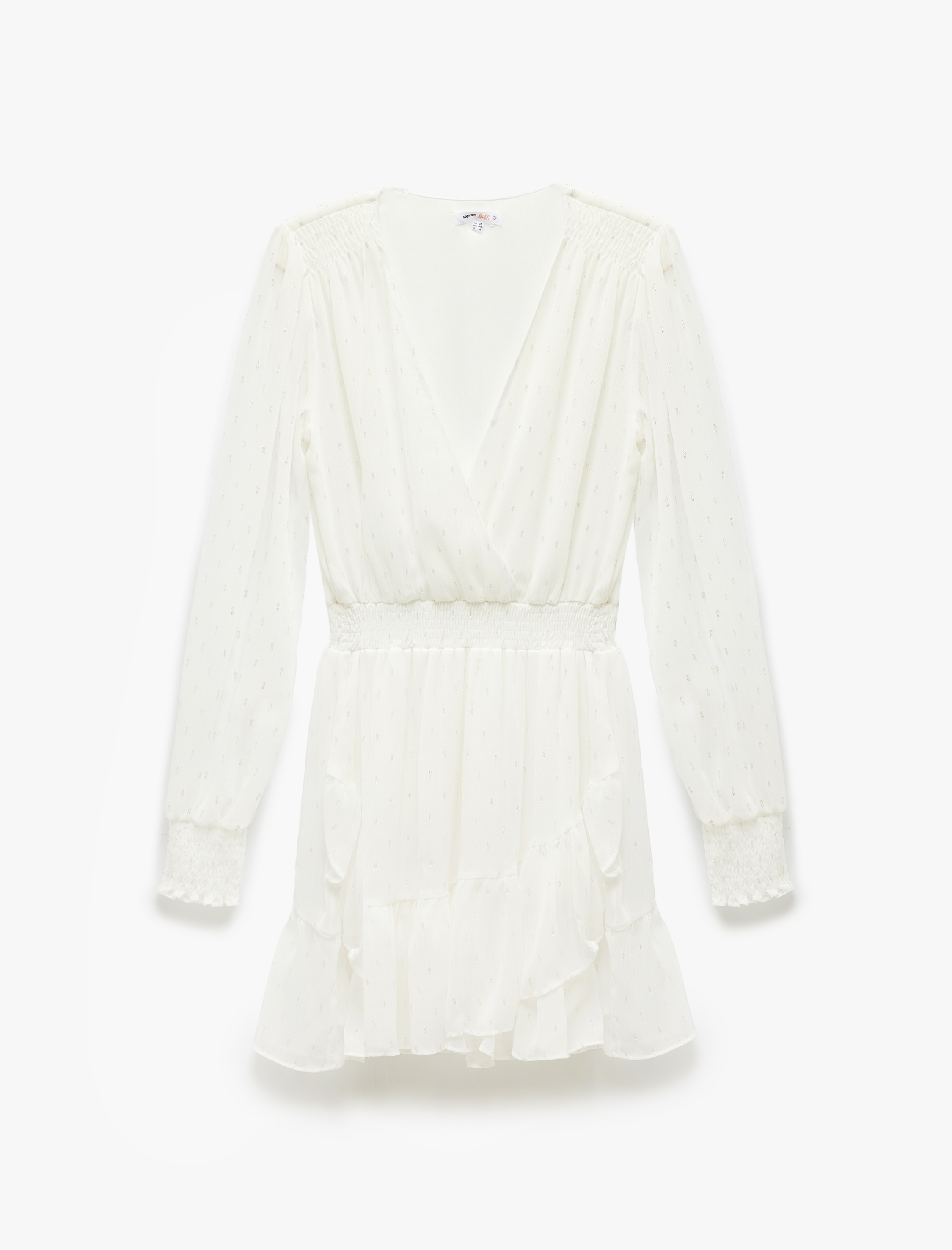   Volanlı Uzun Kollu Gipeli Kruvaze Yaka Tül Mini Elbise