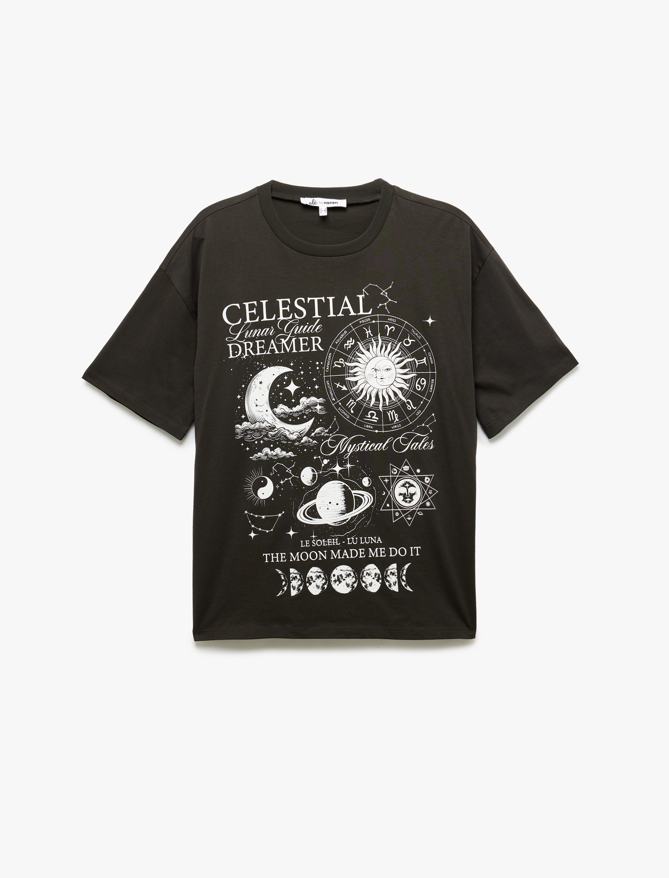   Arkası Baskılı Uzay Temalı Bisiklet Yaka Kısa Kollu Oversize Tişört