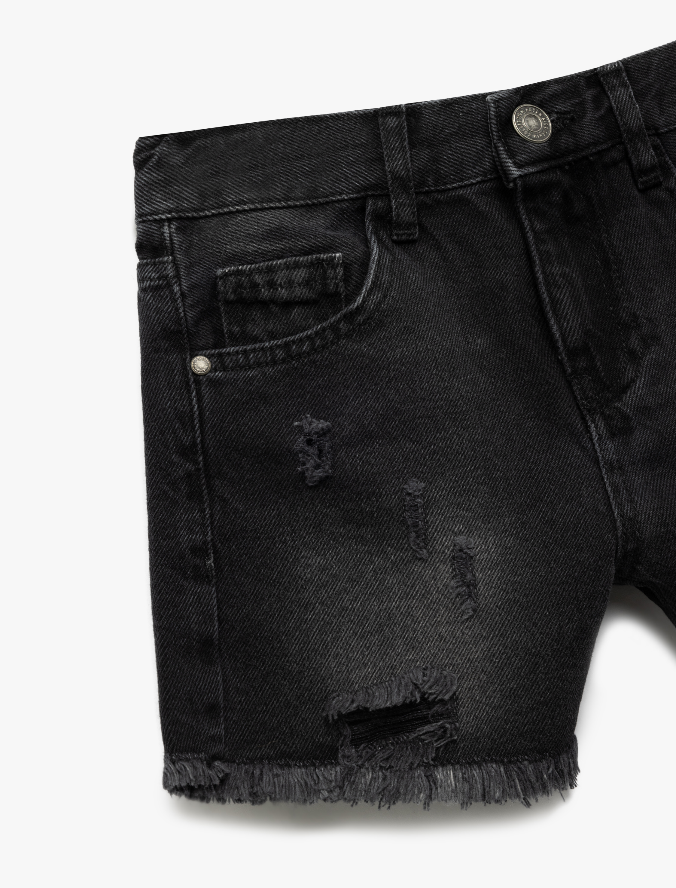  Kız Çocuk Pamuklu Cepli Yıpratılmış Detaylı Yüksek Bel Denim Şort