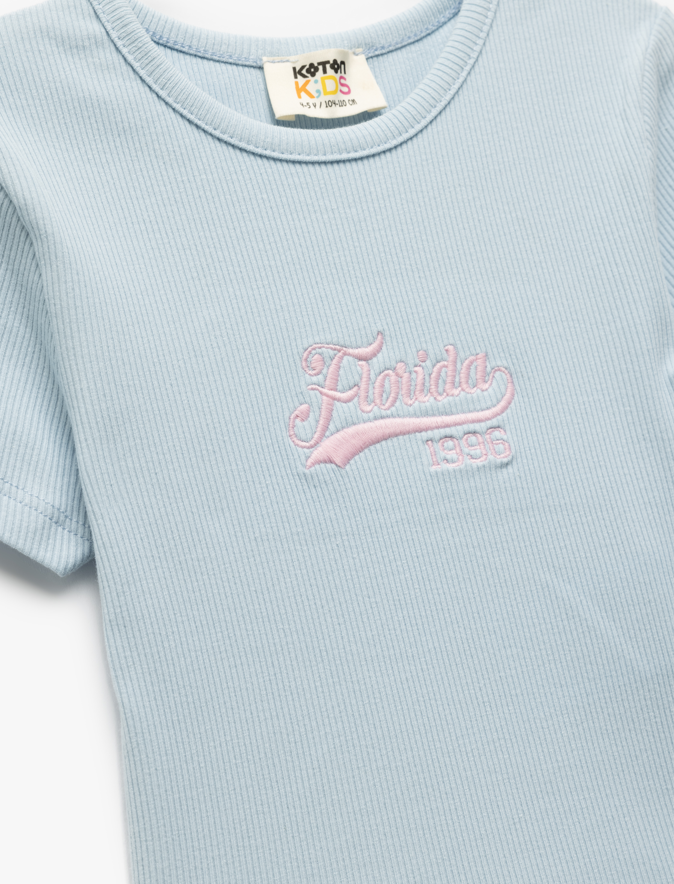  Kız Çocuk Nakış Detaylı Bisiklet Yaka Kısa Kollu Pamuklu Crop Tişört