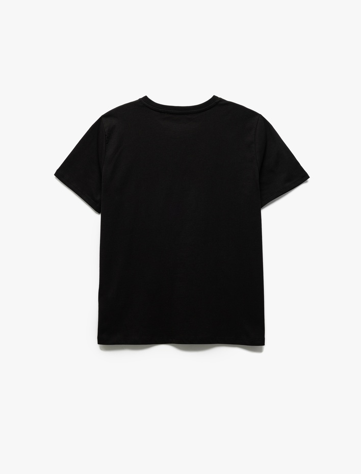  Pamuklu Kısa Kollu Bisiklet Yaka Fiyonk Baskılı Leopar Desenli Kadın Tişört