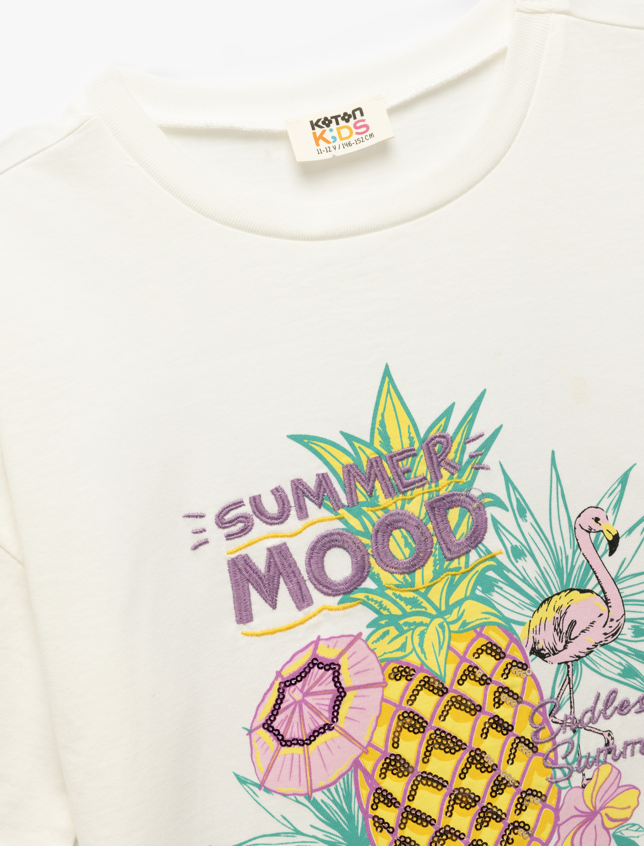  Kız Çocuk Pamuklu Ananas Baskılı Bisiklet Yaka Kısa Kollu Tişört