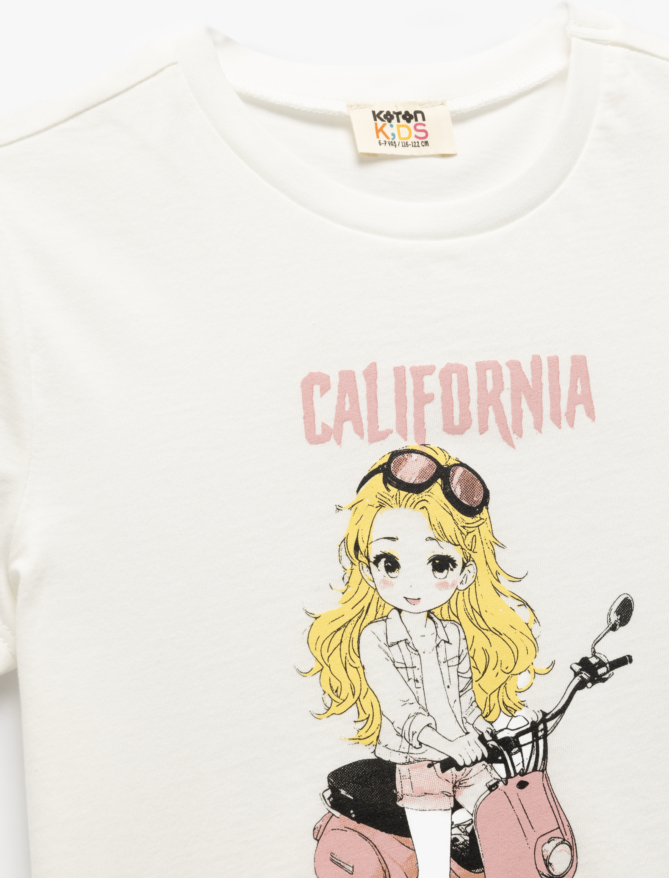  Kız Çocuk Pamuklu Bisiklet Yaka Baskı Detaylı Kısa Kollu Tişört